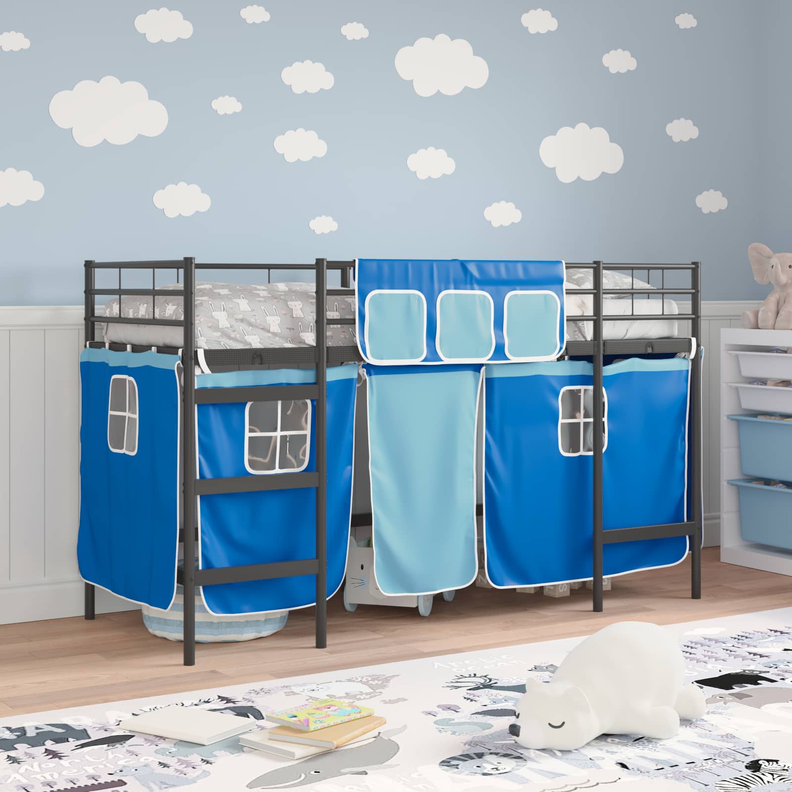 Kinder Loft Bettgestell mit Vorhängen Schwarz und Blau