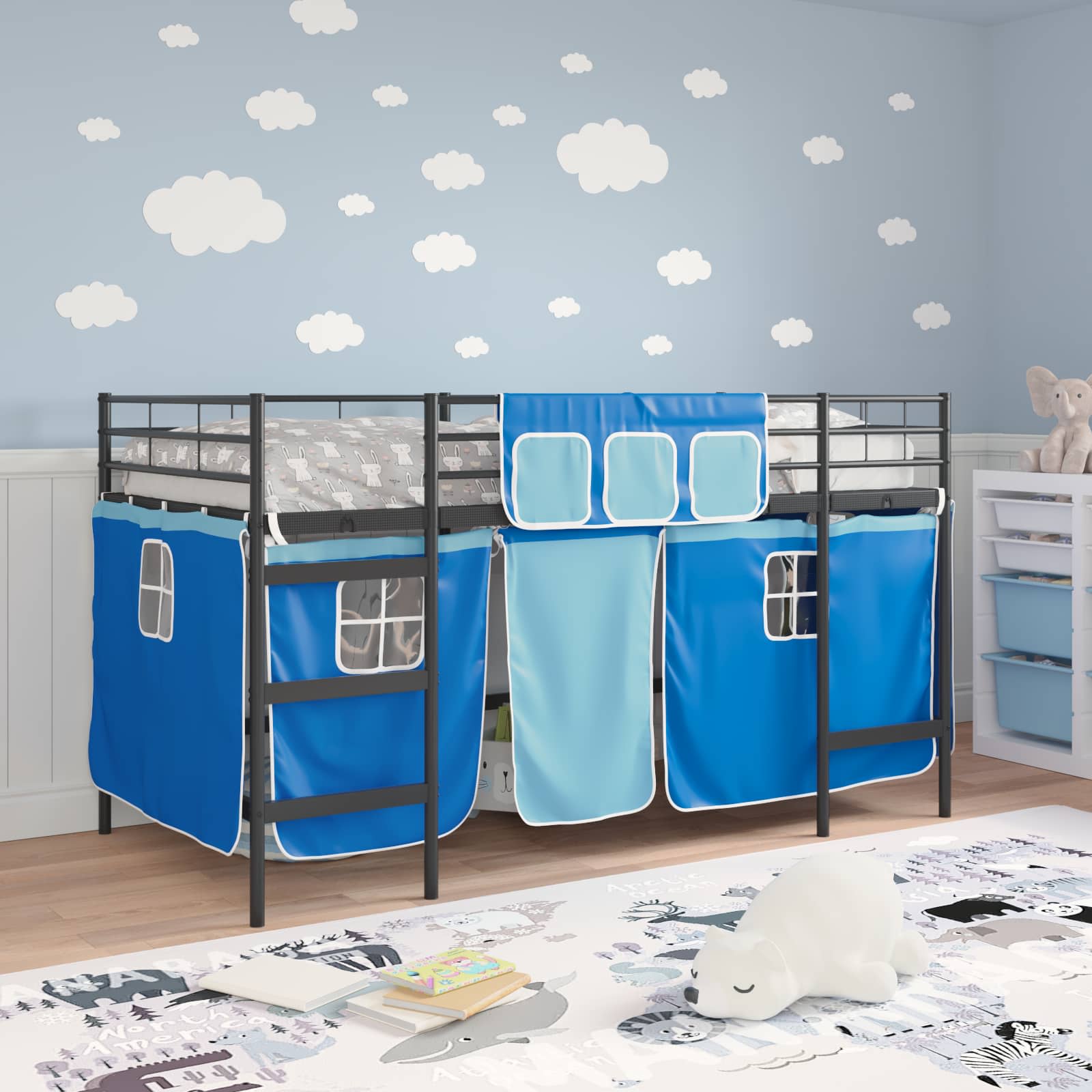 Kinder Loft Bettgestell mit Vorhängen Schwarz und Blau