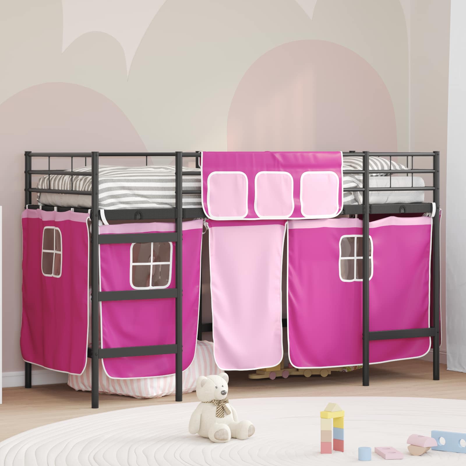 Kinder Loft Bettgestell mit Vorhängen Schwarz und Pink