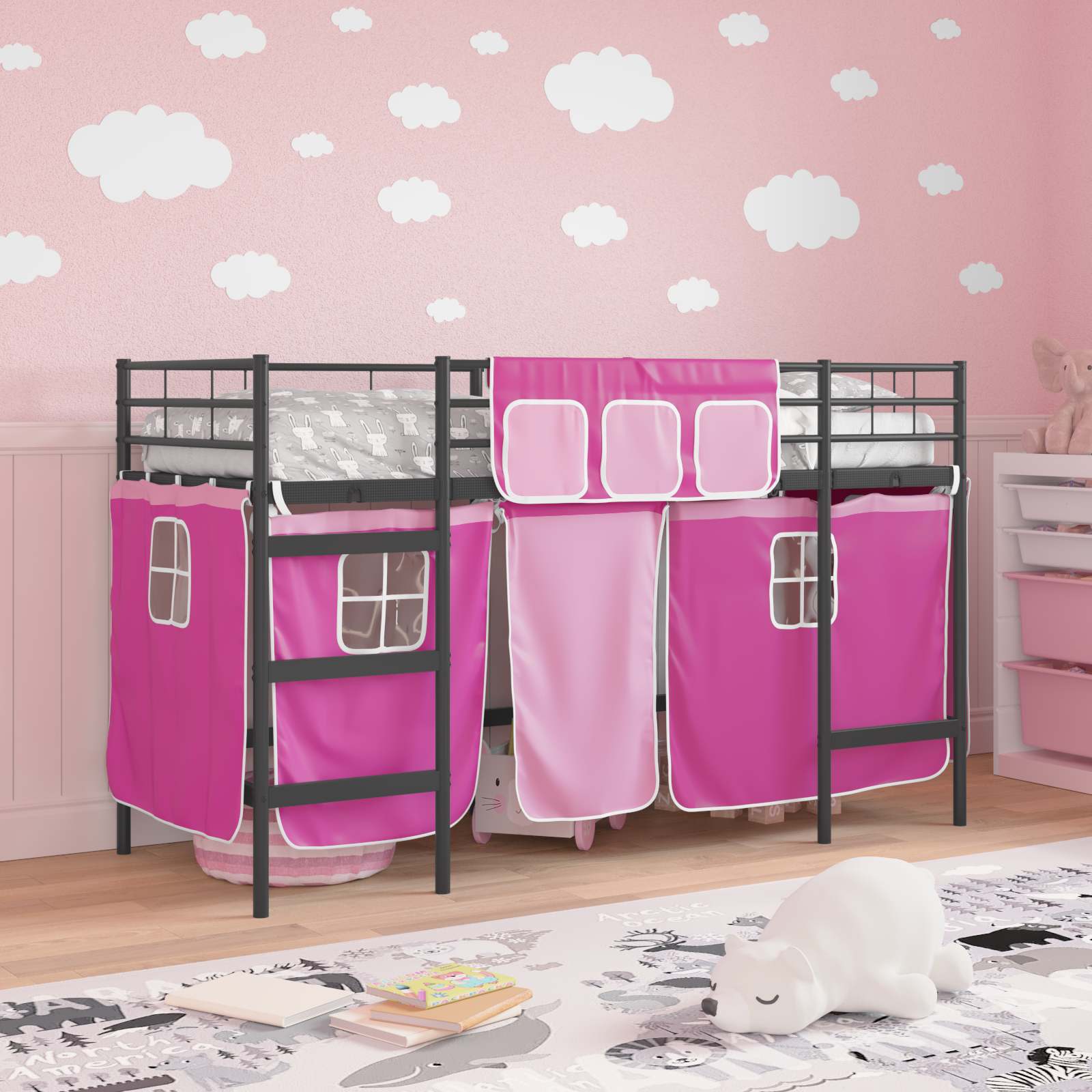 Kinder Loft Bettgestell mit Vorhängen Schwarz und Pink