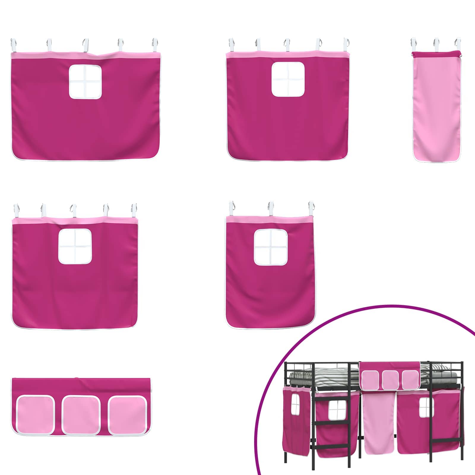 Kinder Loft Bettgestell mit Vorhängen Schwarz und Pink