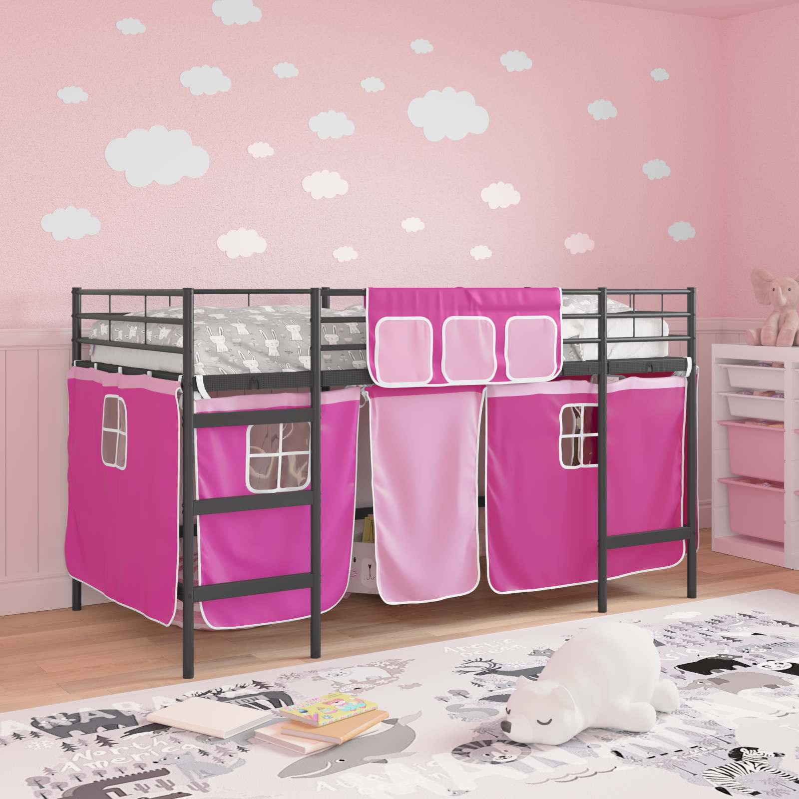 Kinder Loft Bettgestell mit Vorhängen Schwarz und Pink