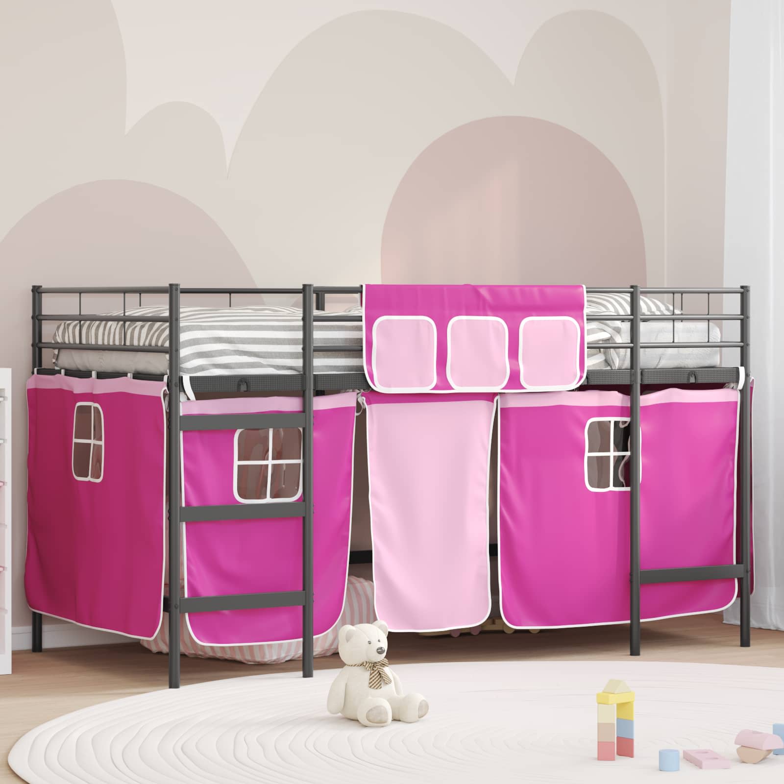 Kinder Loft Bettgestell mit Vorhängen Schwarz und Pink