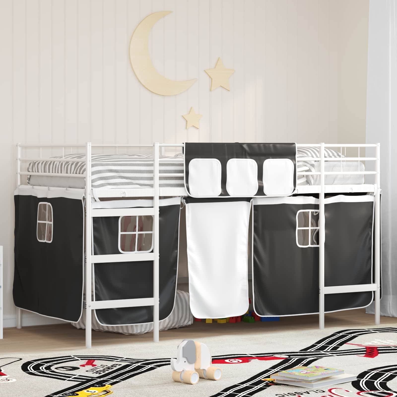 Kinder Loft Bettgestell mit Vorhängen Weiß und Schwarz