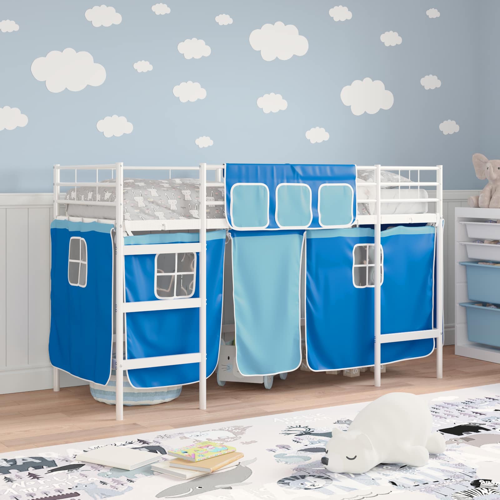 Kinder Loft Bettgestell mit Vorhängen Weiß und Blau 75 x 190 cm