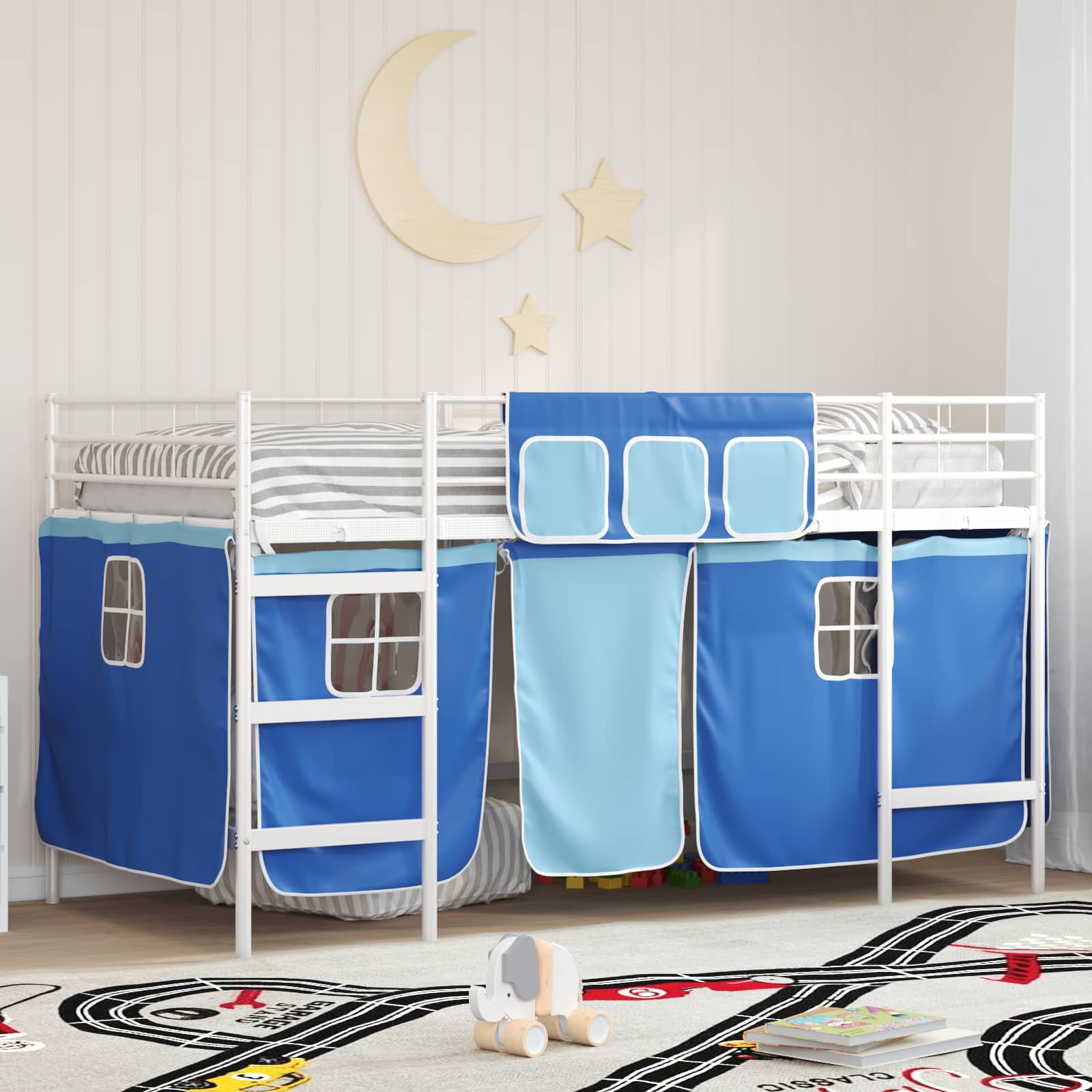 Kinder Loft Bettgestell mit Vorhängen Weiß und Blau 80 x 200 cm