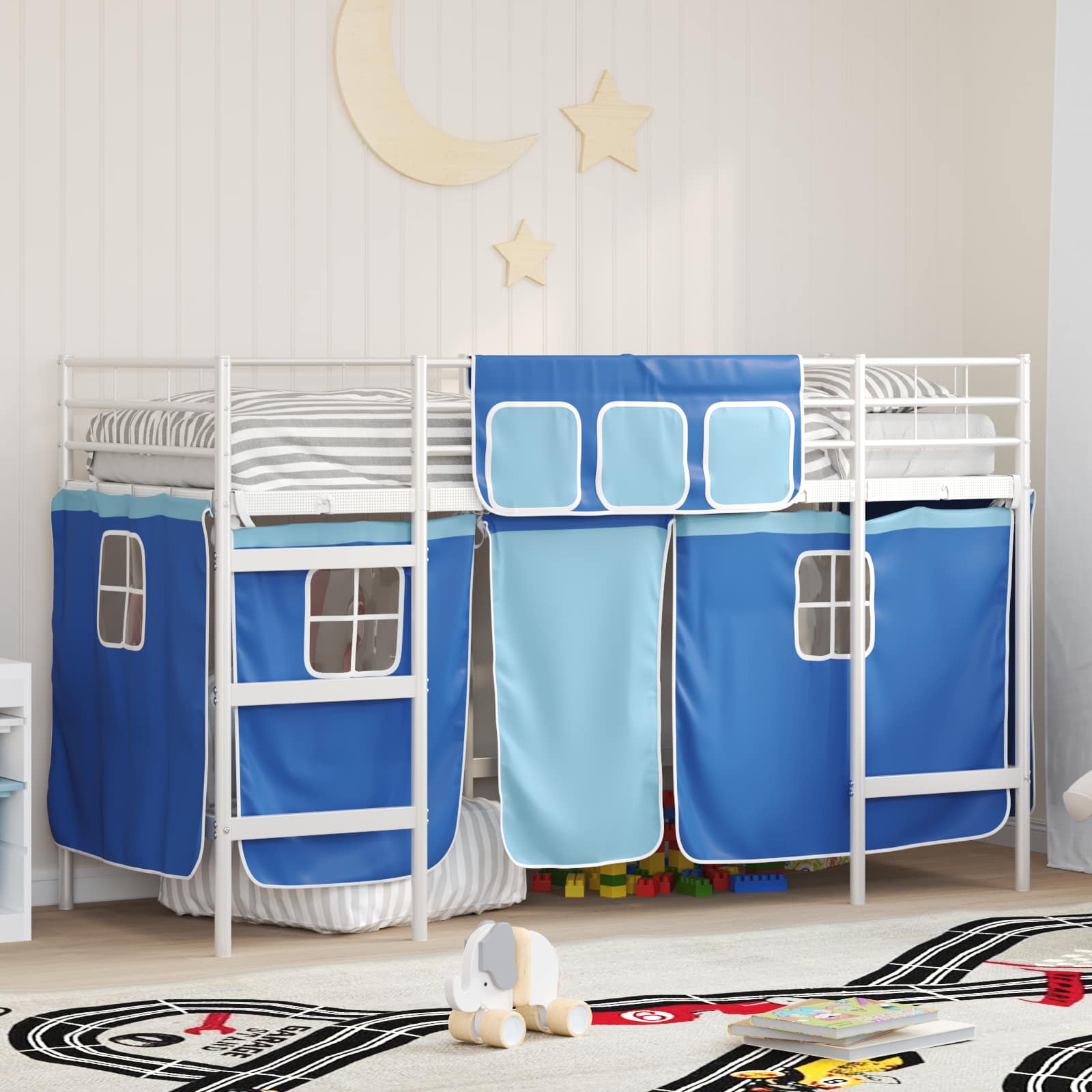 Kinder Loft Bettgestell mit Vorhängen Weiß und Blau 90 x 190 cm