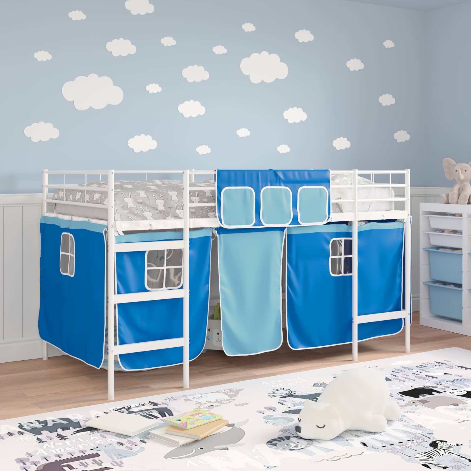 Kinder Loft Bettgestell mit Vorhängen Weiß und Blau 90 x 200 cm