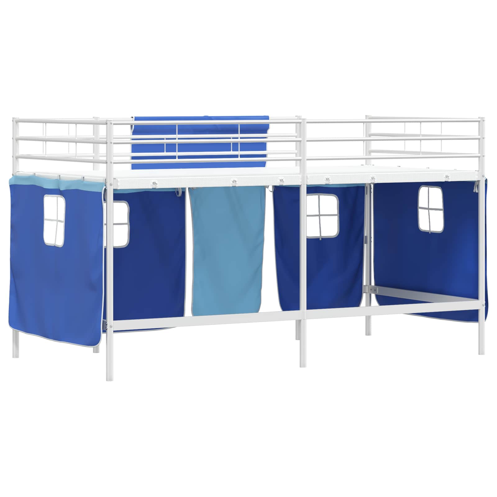 Kinder Loft Bettgestell mit Vorhängen Weiß und Blau 90 x 200 cm