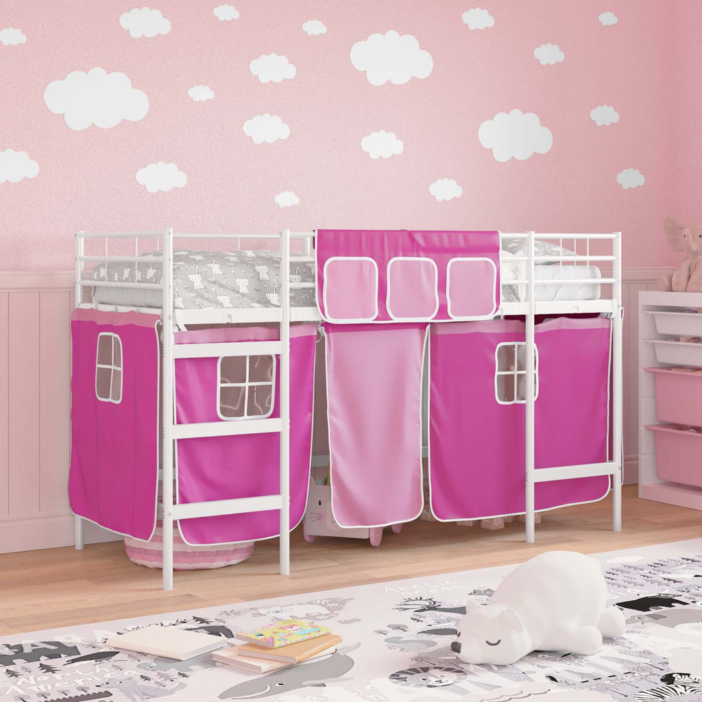 Kinder Loft Bettgestell mit Vorhängen Weiß und Rosa 75 x 190 cm