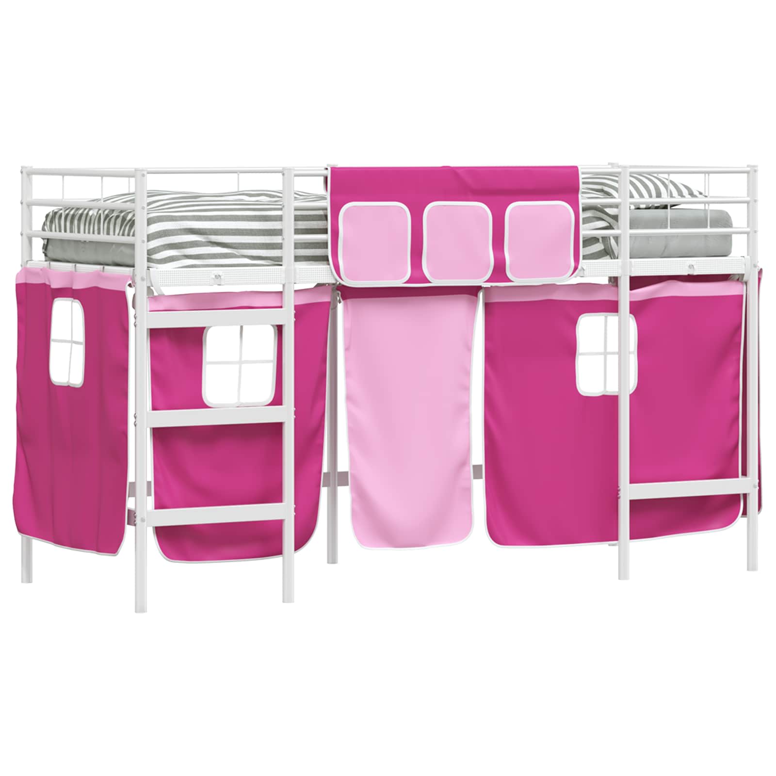 Kinder Loft Bettgestell mit Vorhängen Weiß und Rosa 90 x 190 cm