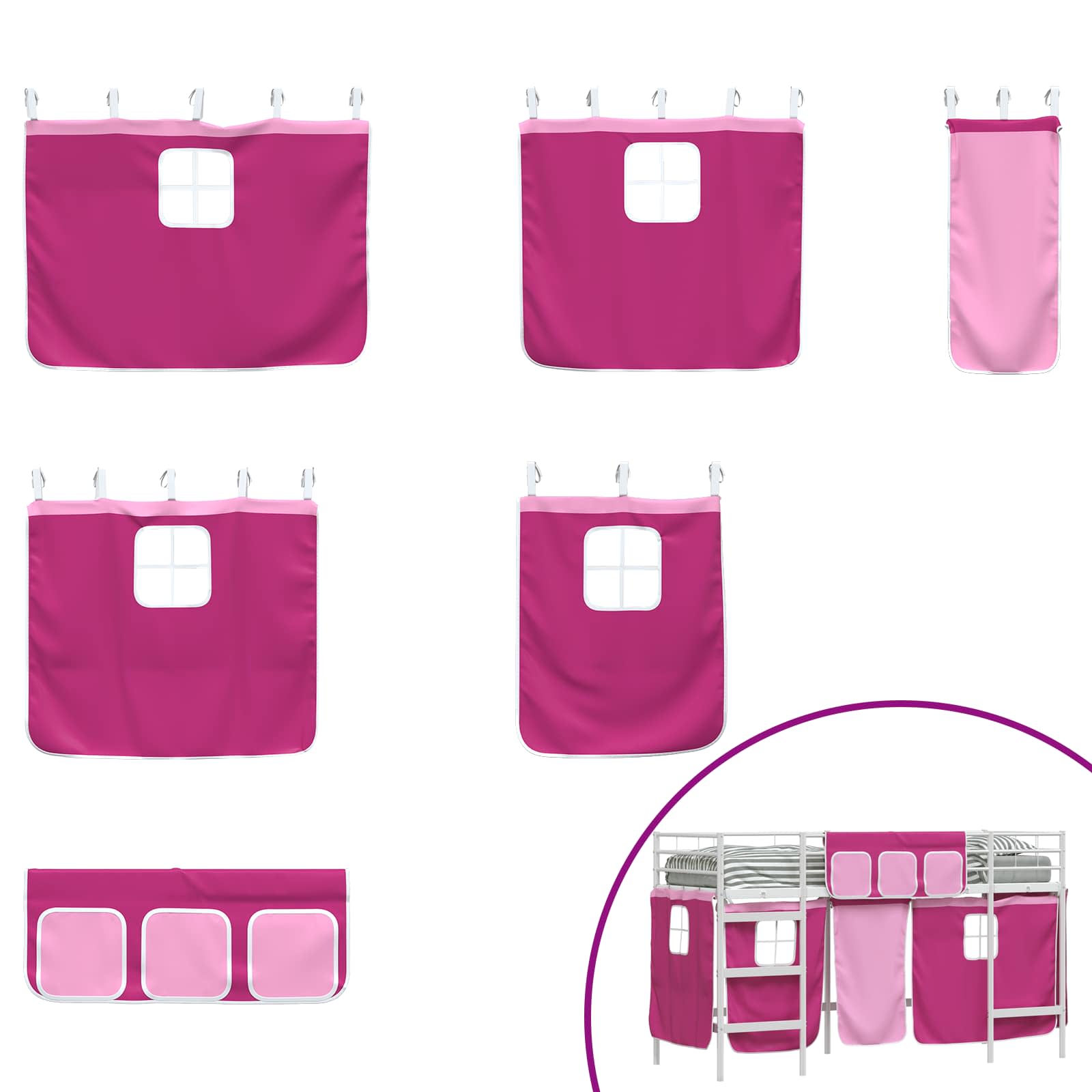 Kinder Loft Bettgestell mit Vorhängen Weiß und Rosa 90 x 190 cm