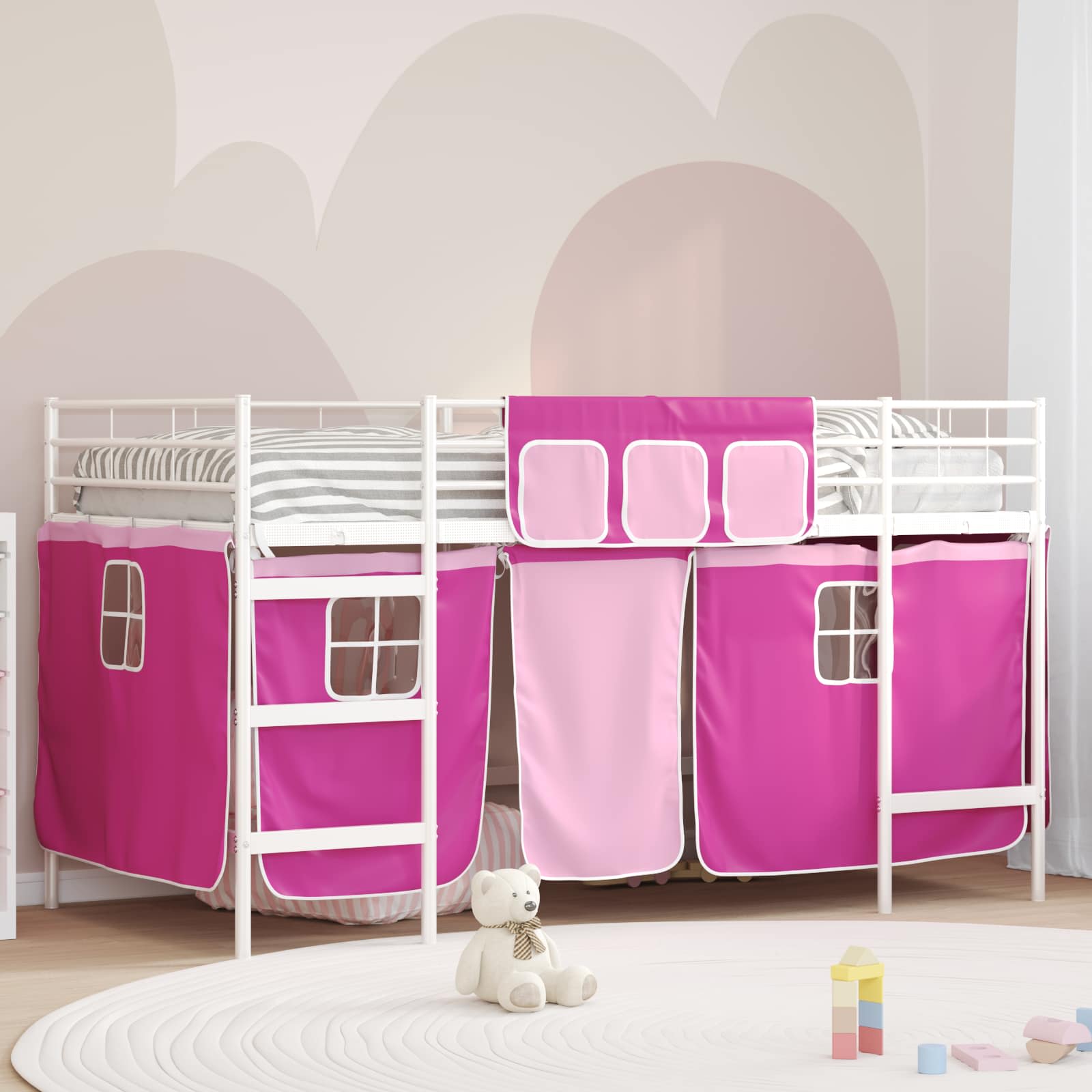 Kinder Loft Bettgestell mit Vorhängen Weiß und Rosa 90 x 200 cm