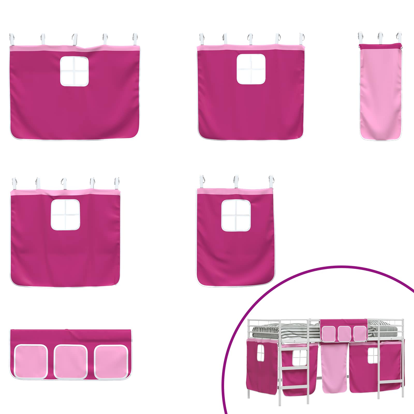Kinder Loft Bettgestell mit Vorhängen Weiß und Rosa 90 x 200 cm