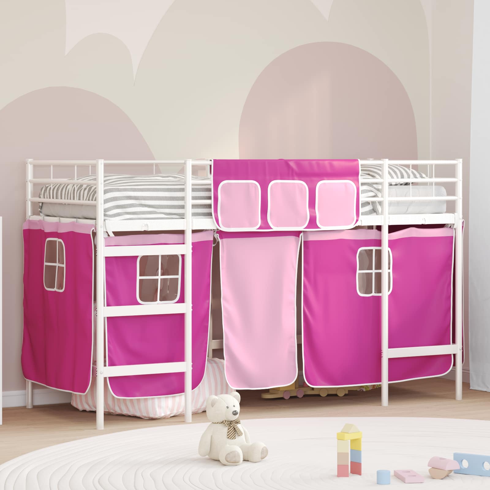 Kinder Loft Bettgestell mit Vorhängen Weiß und Rosa