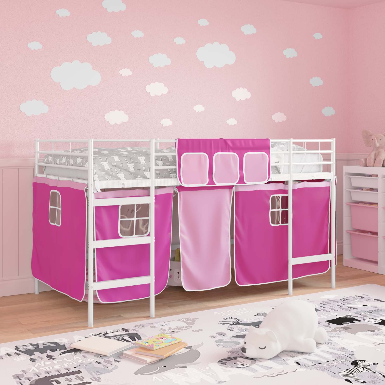 Kinder Loft Bettgestell mit Vorhängen Weiß und Rosa