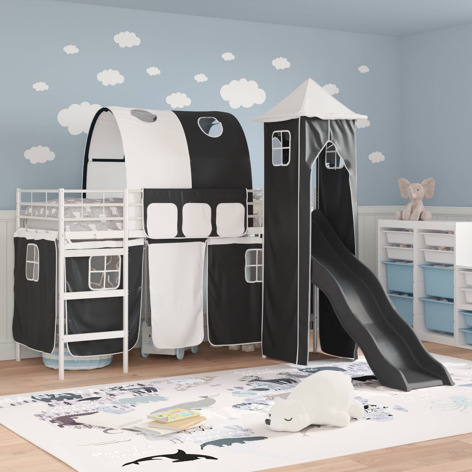 Kinderloftbett Weiß und Schwarz 100 x 190 cm Metall