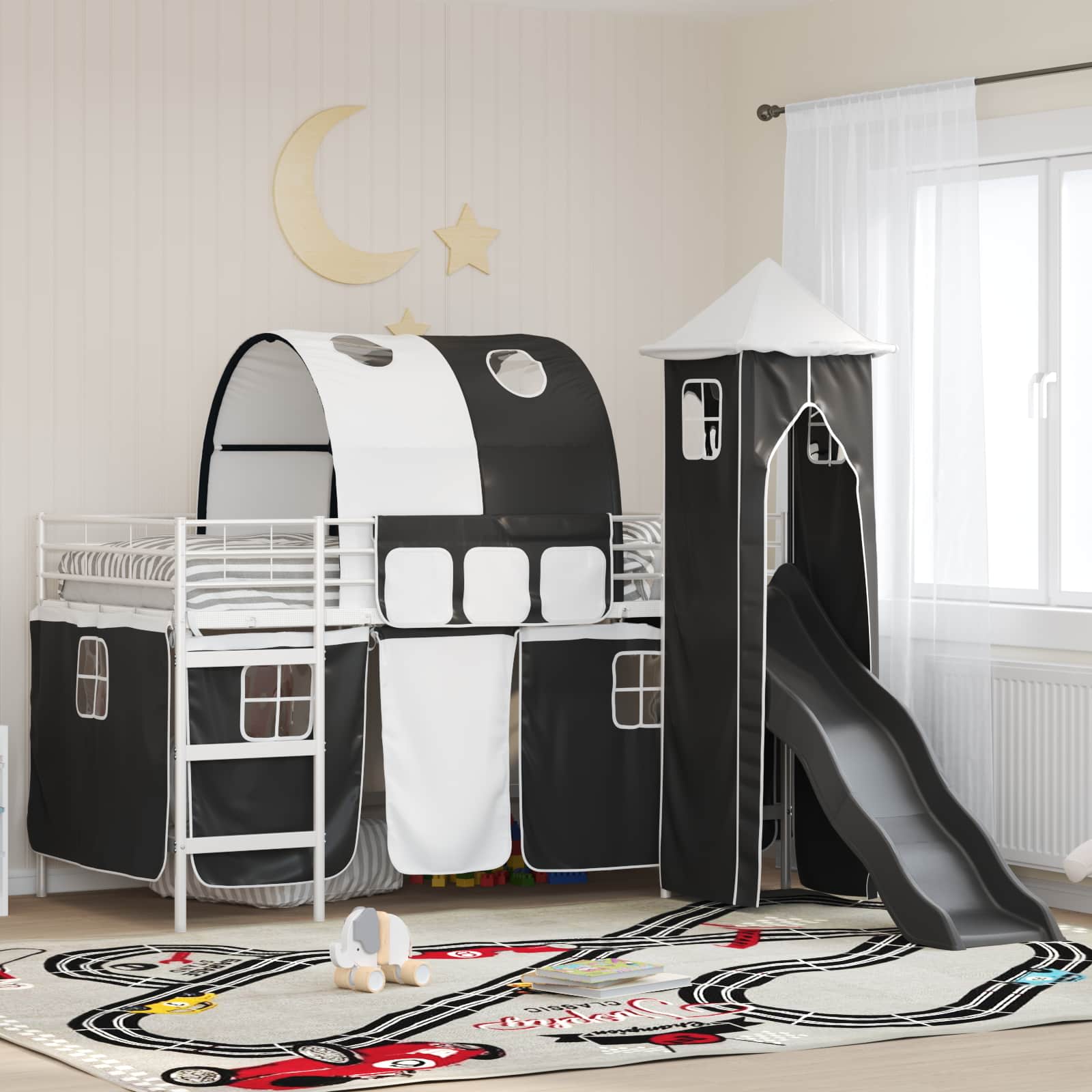 Kinderloftbett Weiß und Schwarz 107 x 200 cm Metall