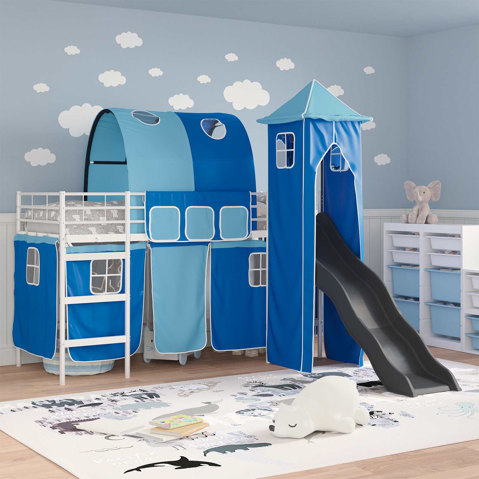 Kinderloftbett Weiß und Blau 75 x 190 cm Metall
