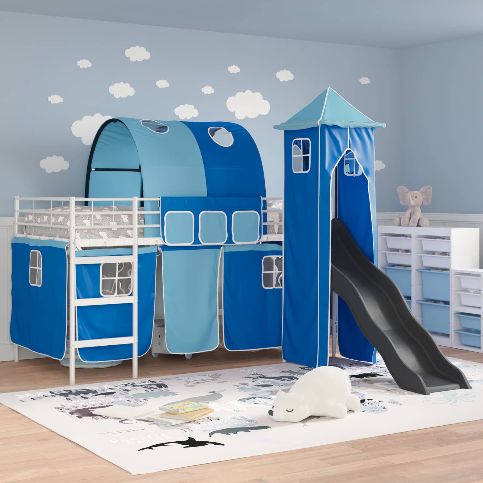 Kinderloftbett Weiß und Blau 90 x 200 cm Metall