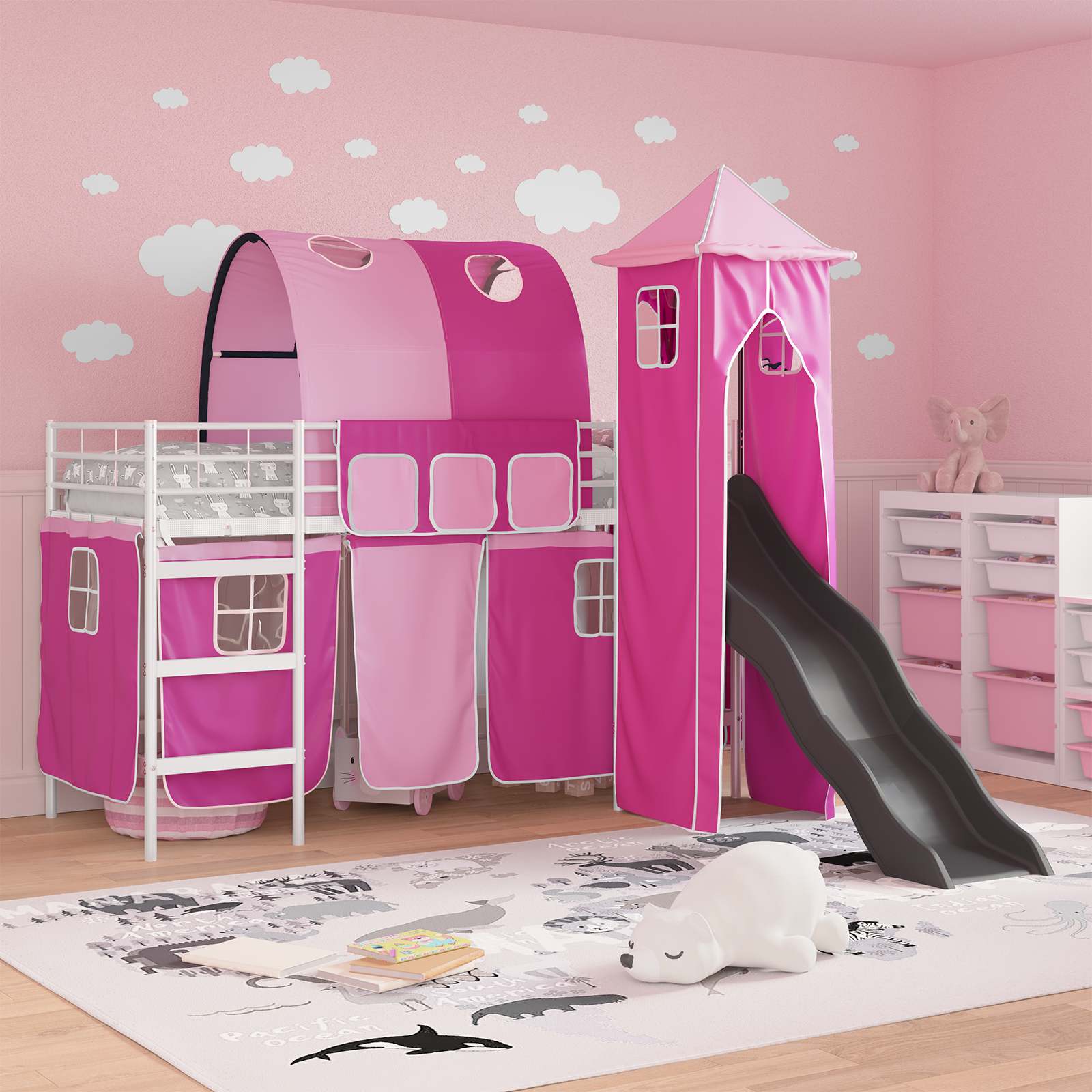 Kinderloftbett Weiß und Rosa 75 x 190 cm Metall