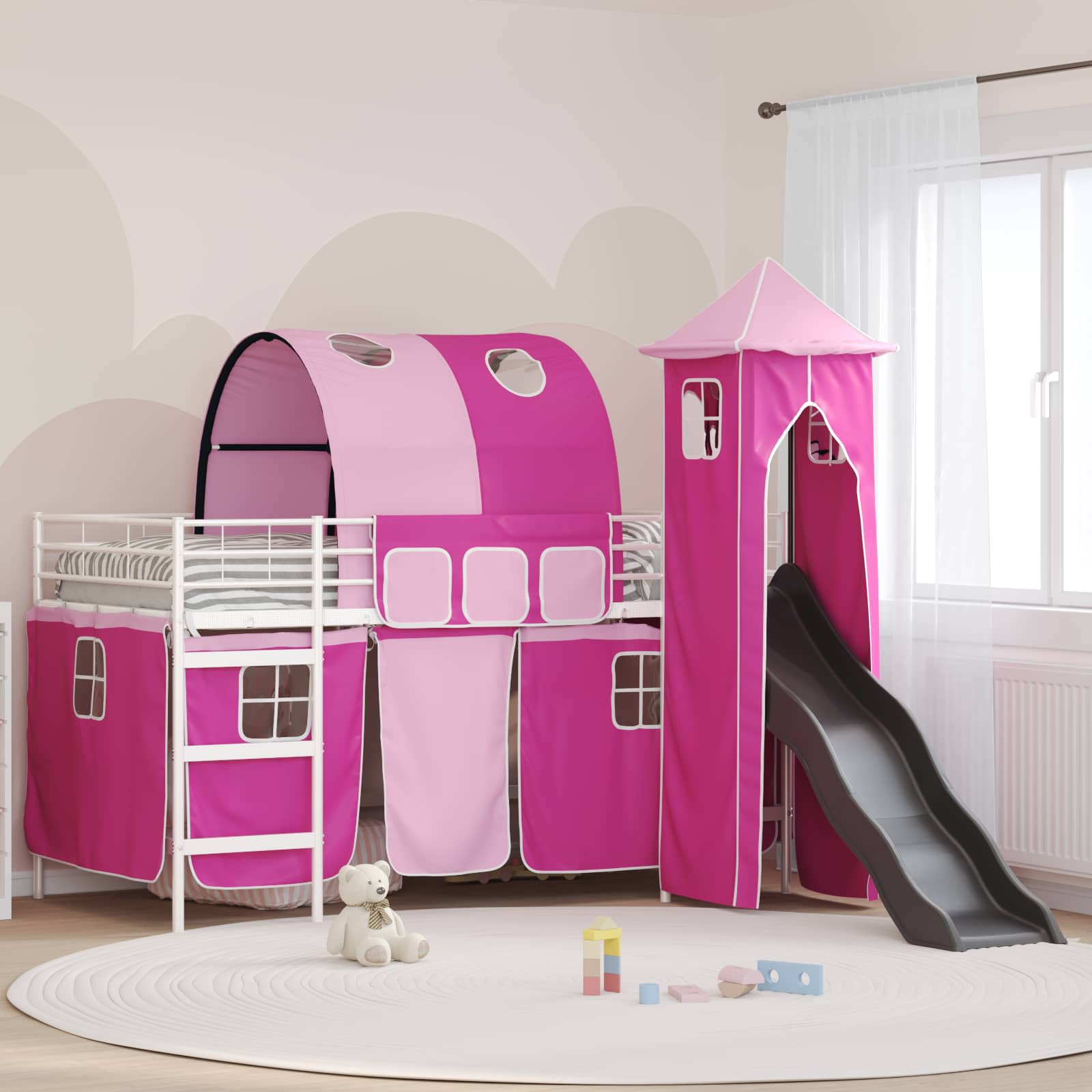 Kinderloftbett Weiß und Rosa 90 x 200 cm Metall