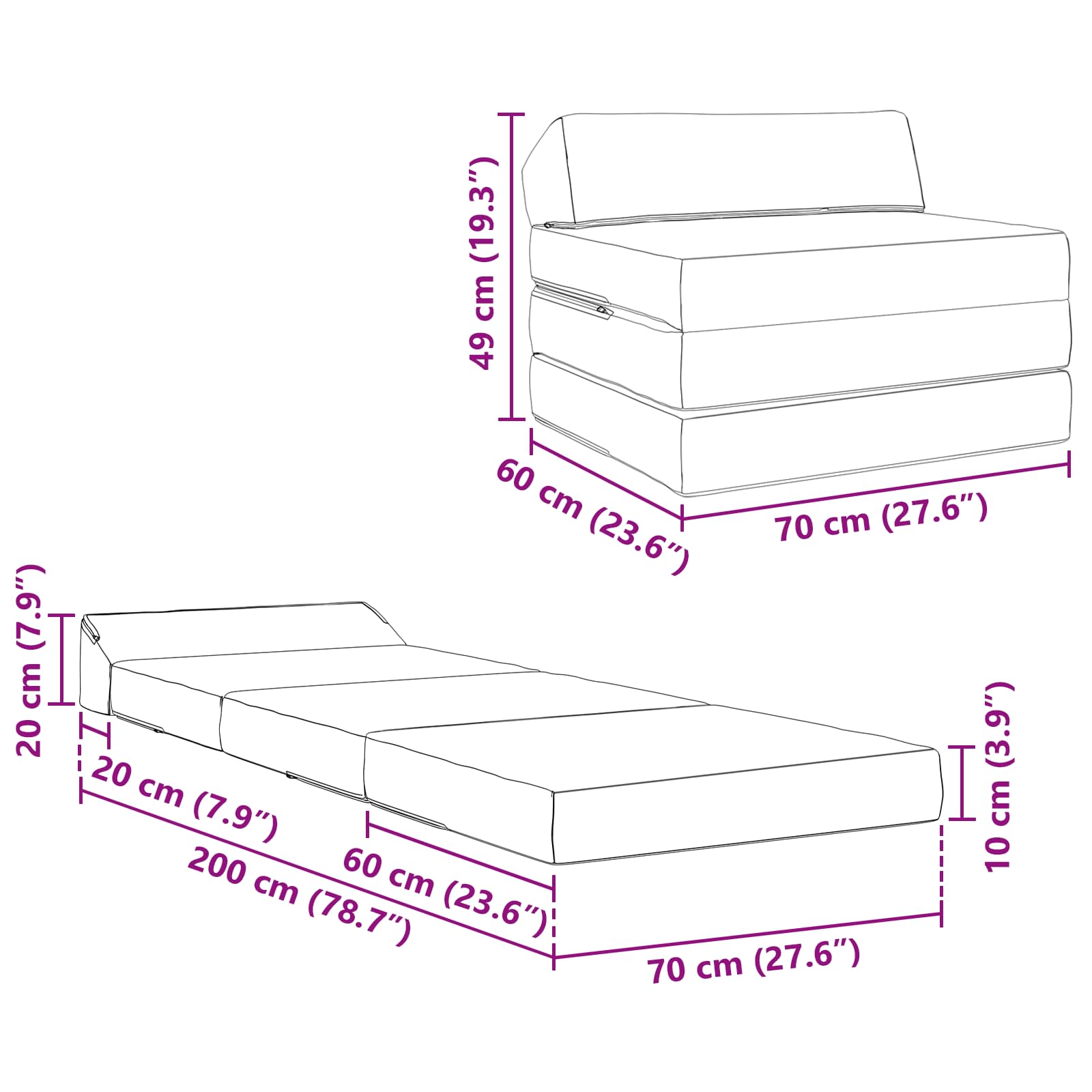 Klappsofa Bett Hellgrau 200 x 70 x 10 cm Cordstoff
