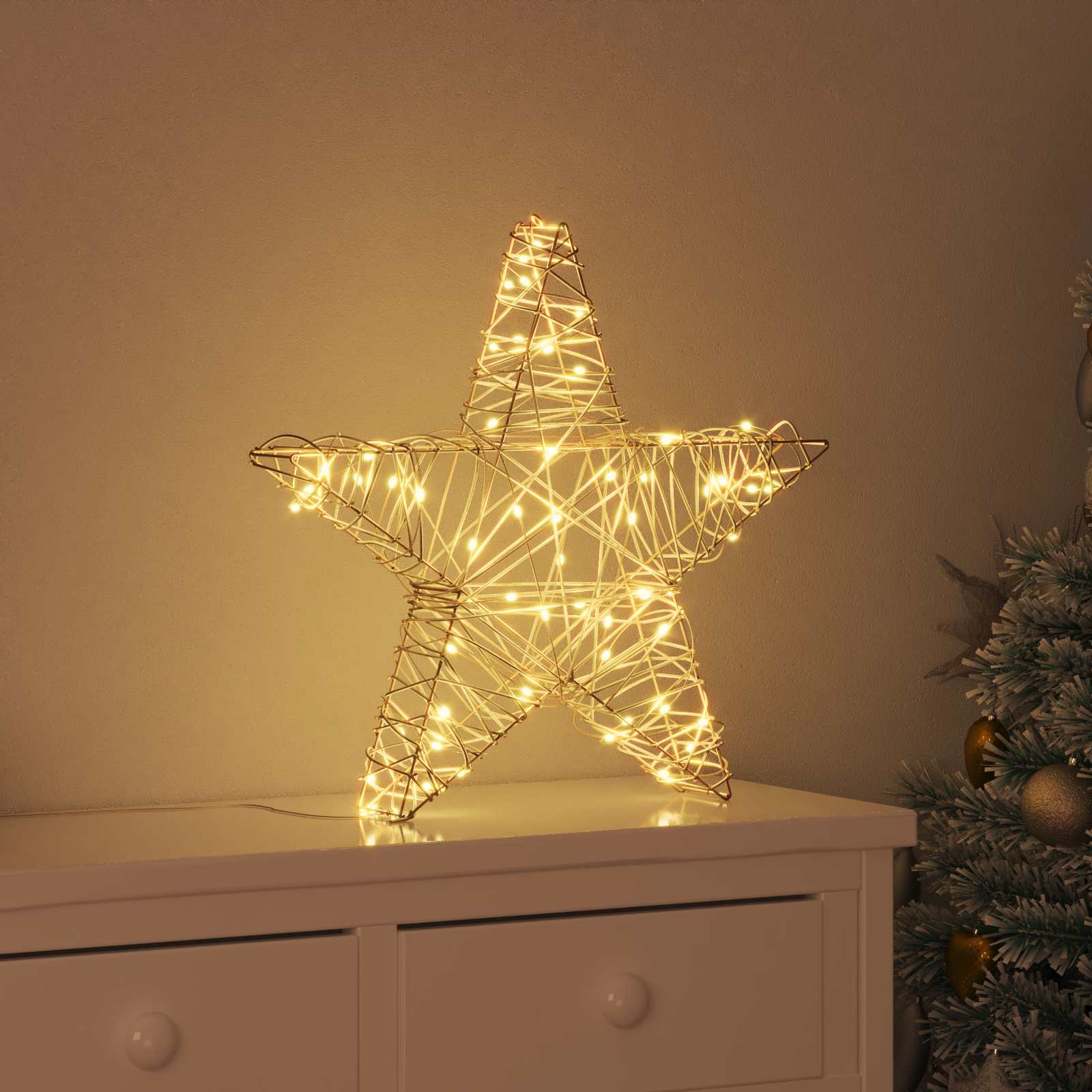 3D Stern mit 50 LEDs Warmweiß 55 x 52,5 x 9 cm Rattan