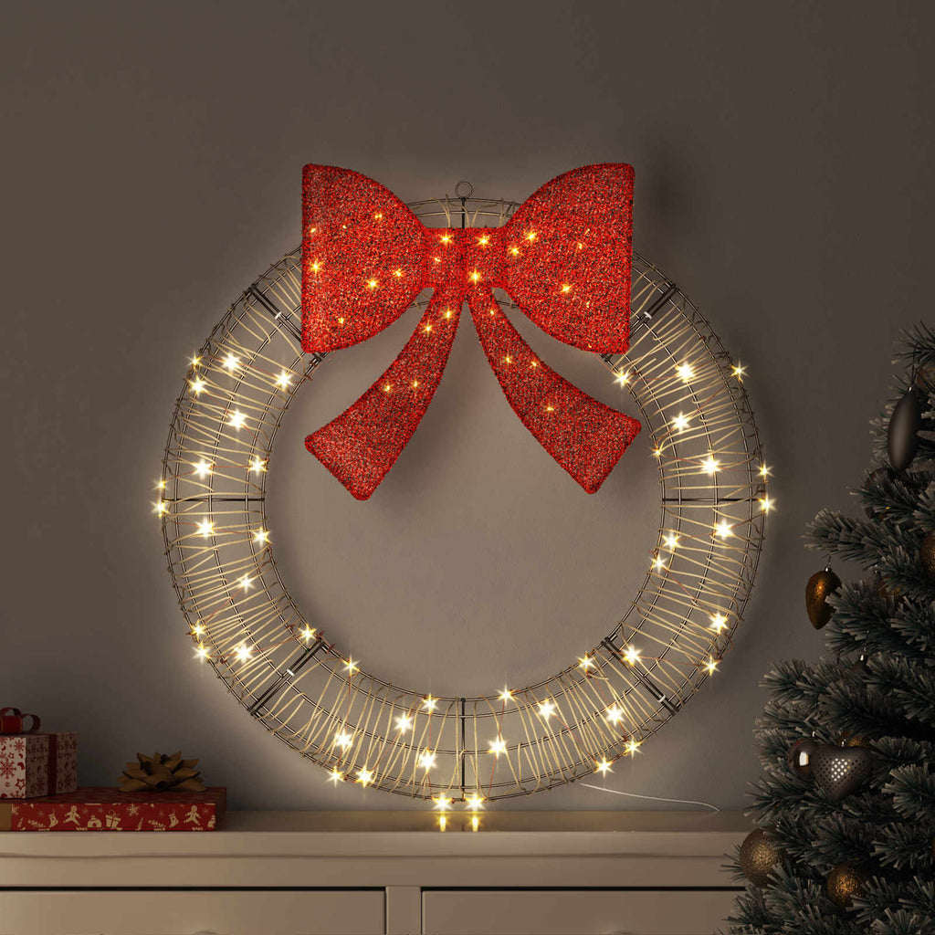 Kranz mit 80 LEDs Warmweiß 90 x 90 x 9 cm Rattan