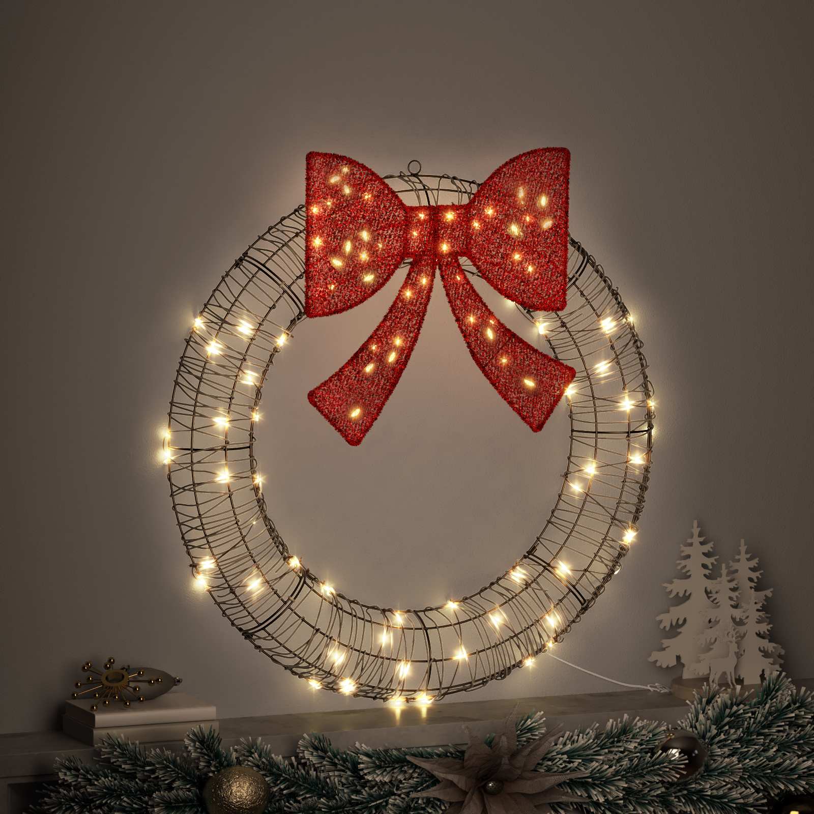 Kranz mit 80 LEDs Warmweiß 90 x 90 x 9 cm Rattan