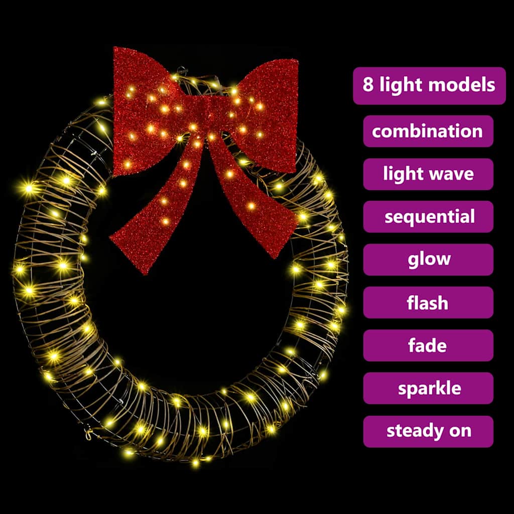 Kranz mit 80 LEDs Warmweiß 90 x 90 x 9 cm Rattan