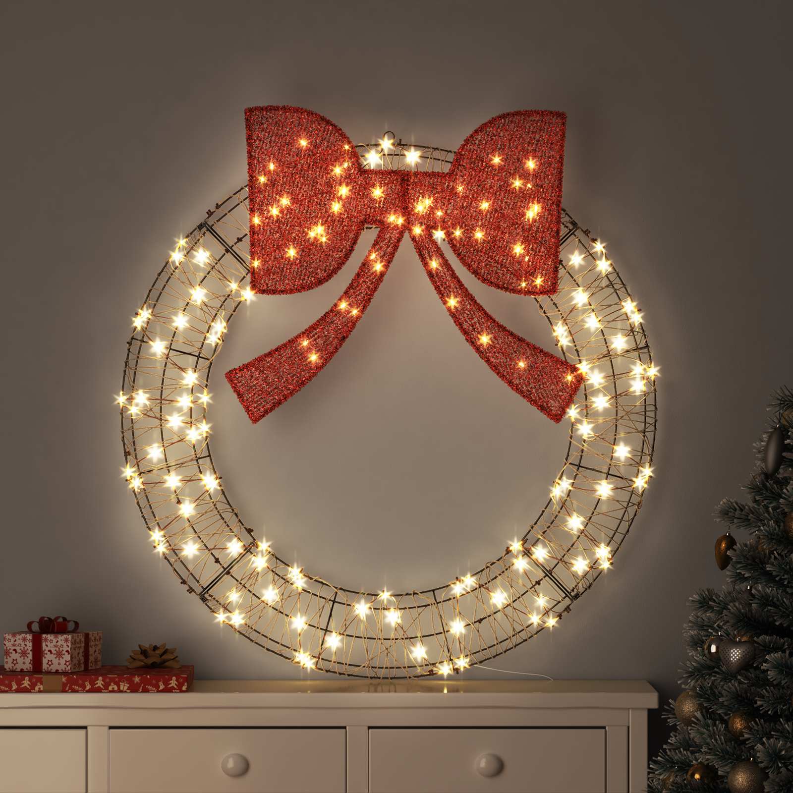 Kranz mit 150 LEDs Warmweiß 121 x 121 x 10 cm Rattan