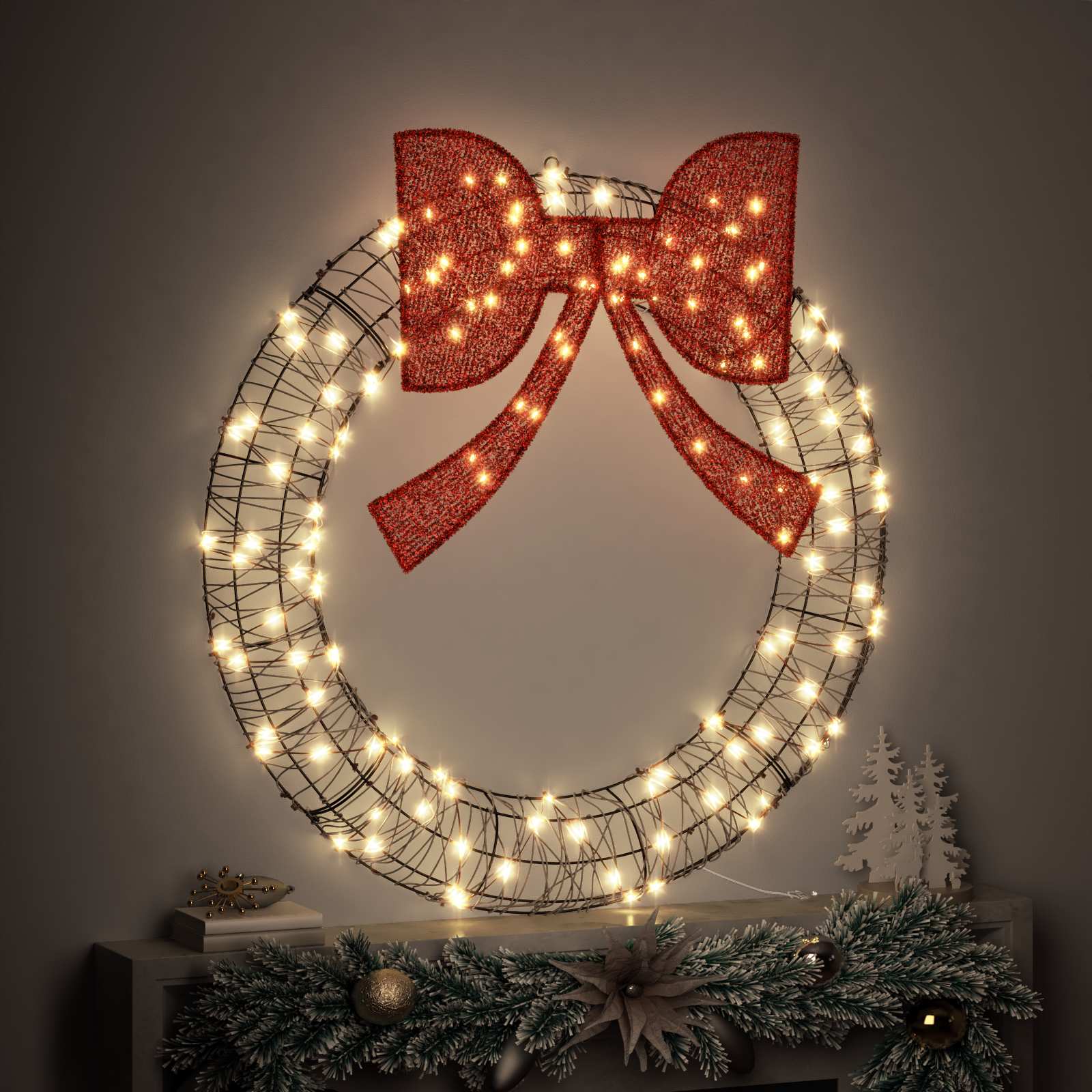 Kranz mit 150 LEDs Warmweiß 121 x 121 x 10 cm Rattan