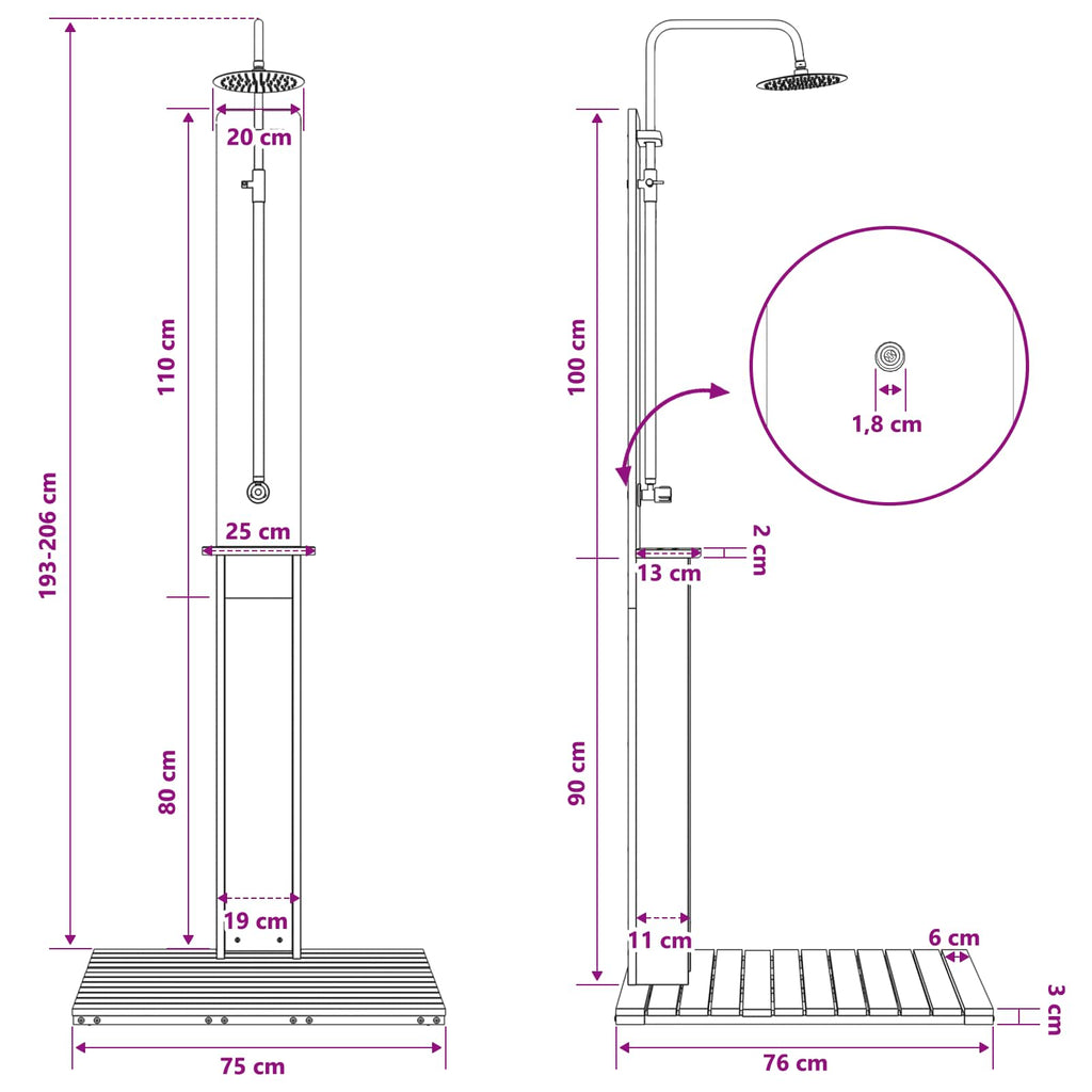 Outdoor-Dusche 206 cm Massivholz Kiefer und Edelstahl Weiß