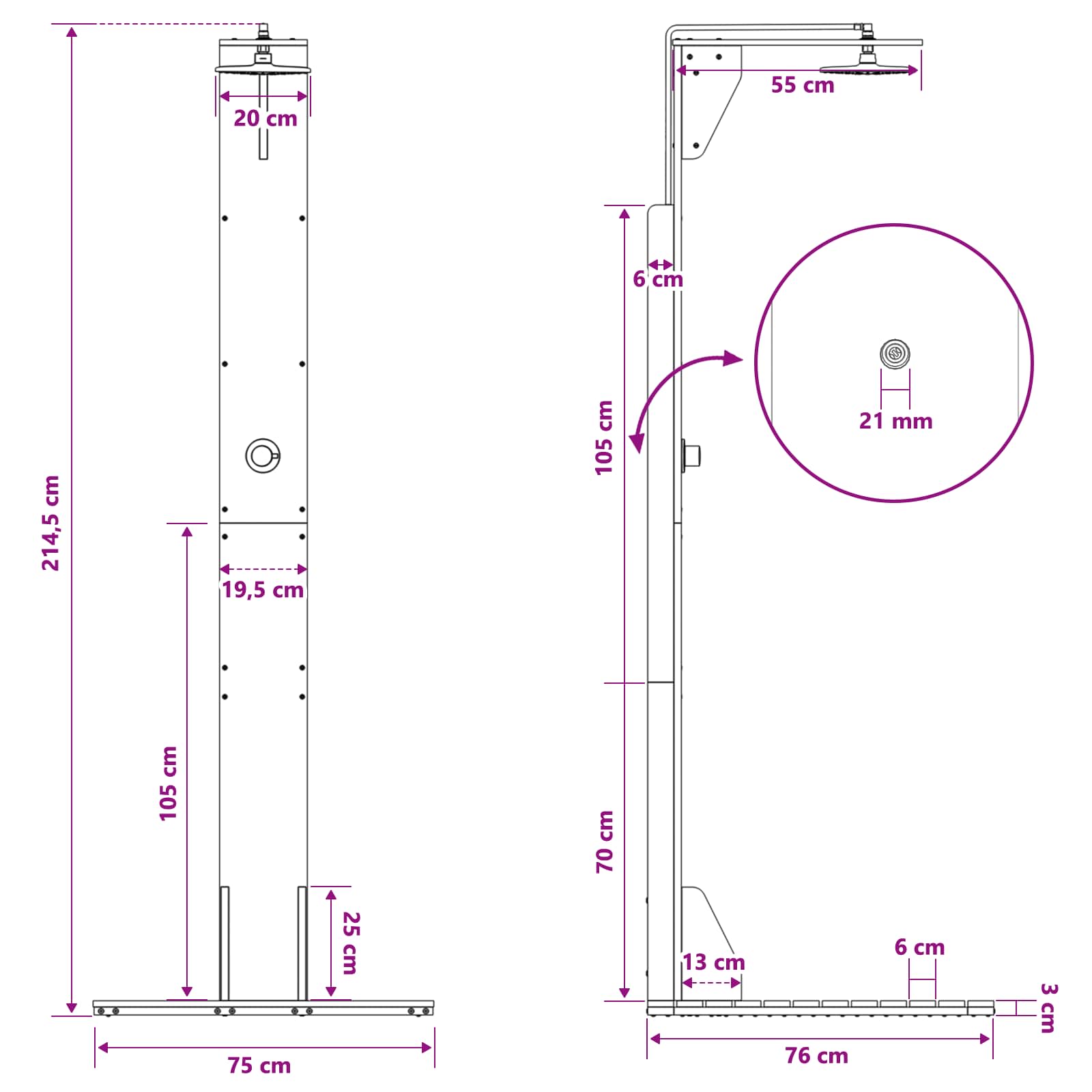 Outdoor-Dusche 214,5 cm Massivholz Kiefer und Edelstahl Weiß