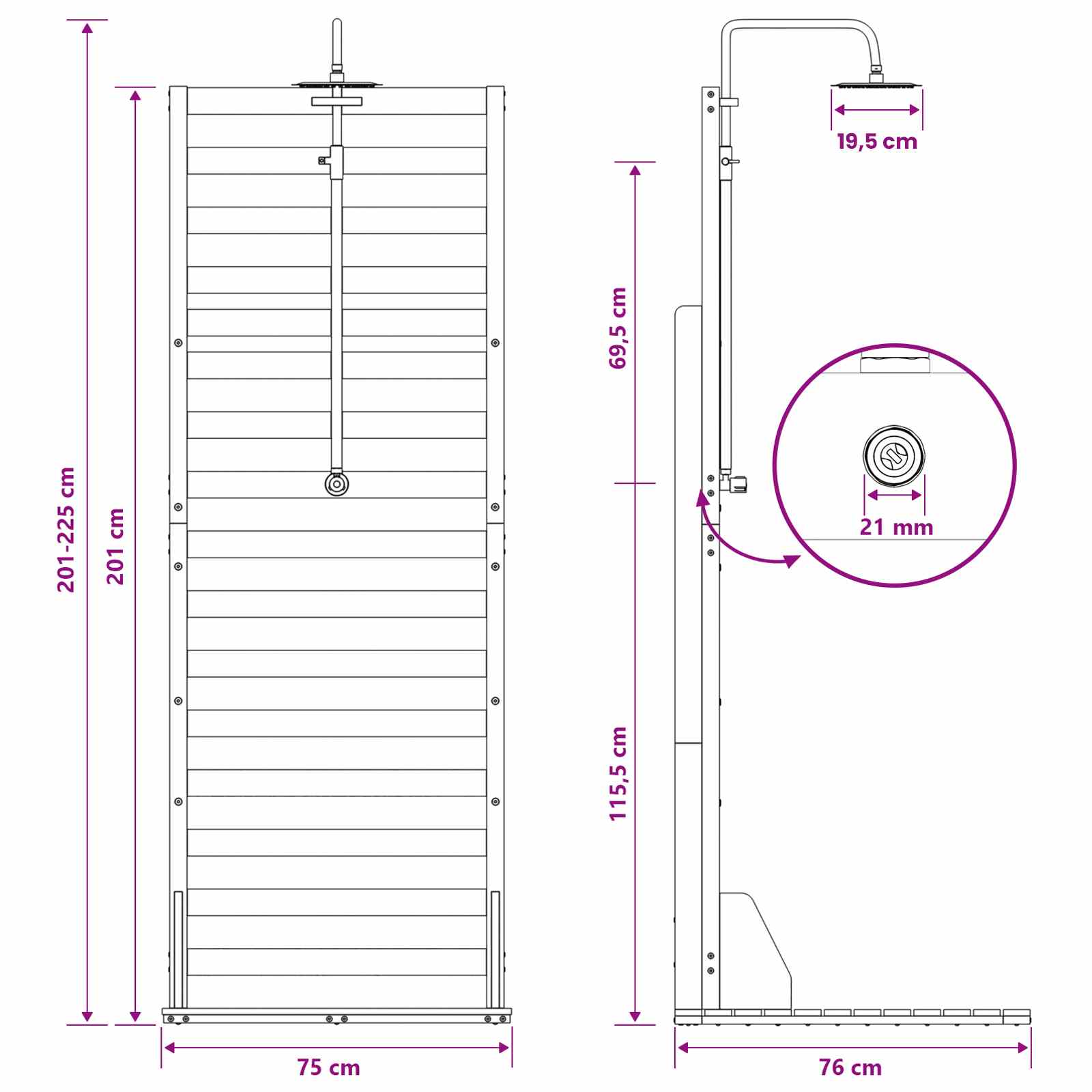 Outdoor-Dusche 225 cm Imprägniertes Kiefernholz und Edelstahl