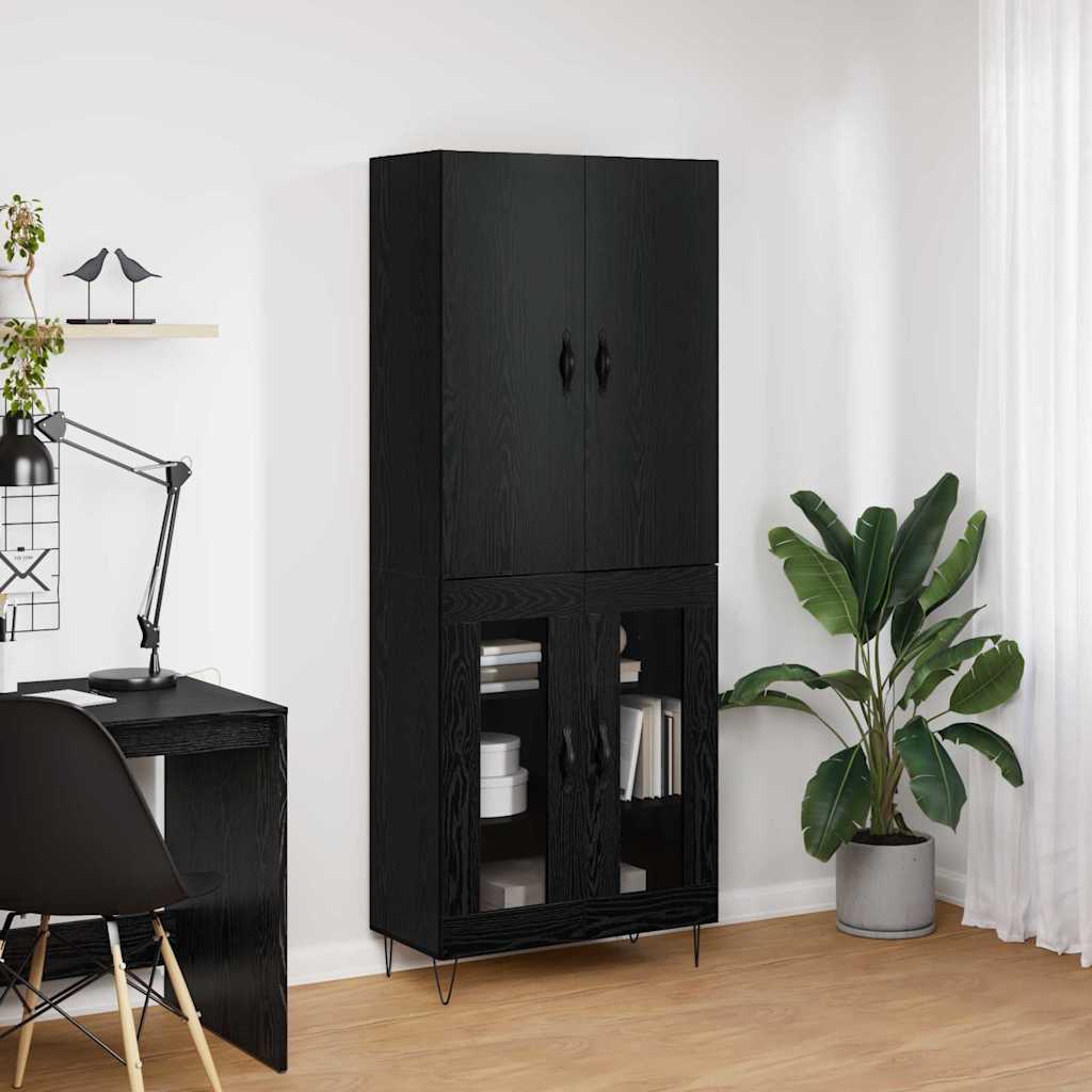 Highboard 2 pcs Schwarz Eichen-Optik Ingenieurholz und Glas