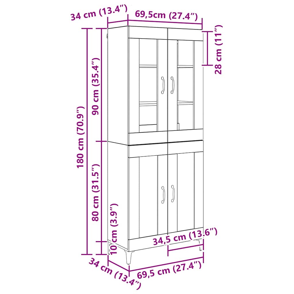 Highboard Altholz 69,5 x 34 x 180 cm Holzwerkstoff