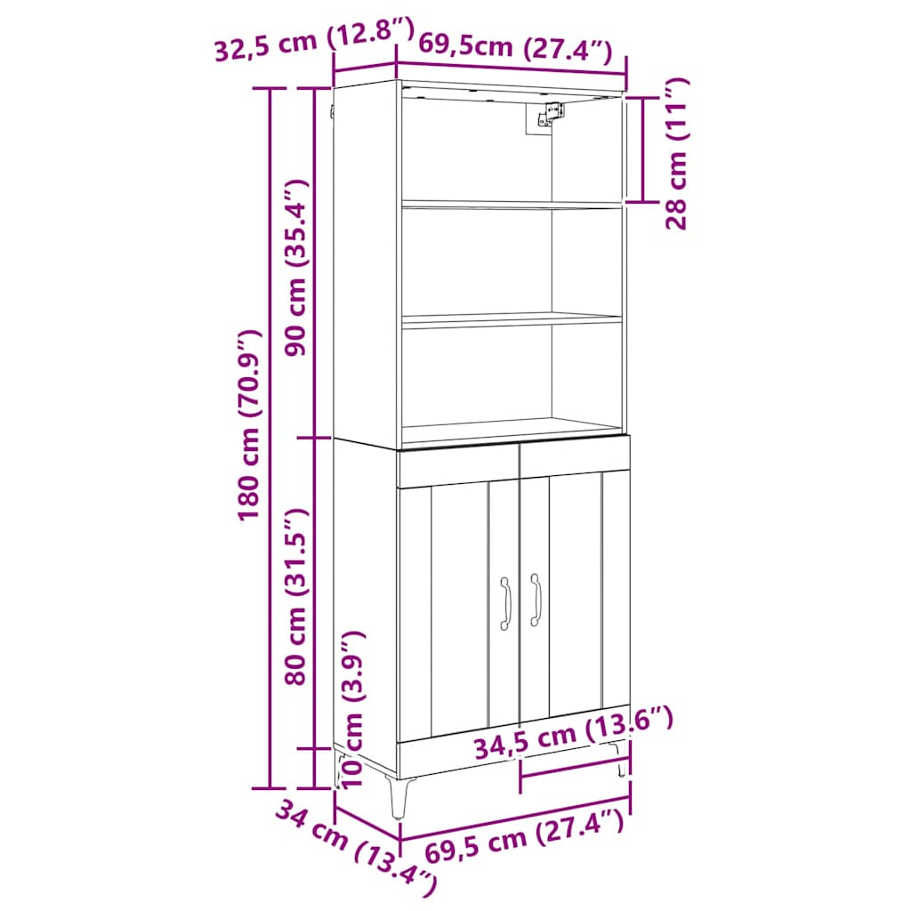 Highboard Artisan-Eiche 69,5 x 34 x 180 cm Holzwerkstoff
