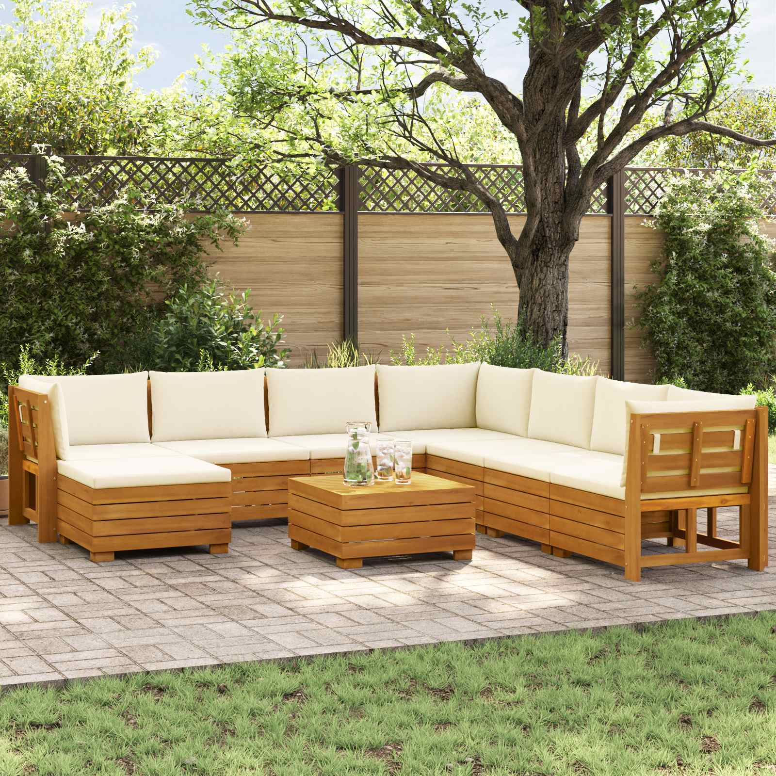 Outdoor-Sofagarnitur mit Kissen 9 Stück Braun Massivholz Akazie