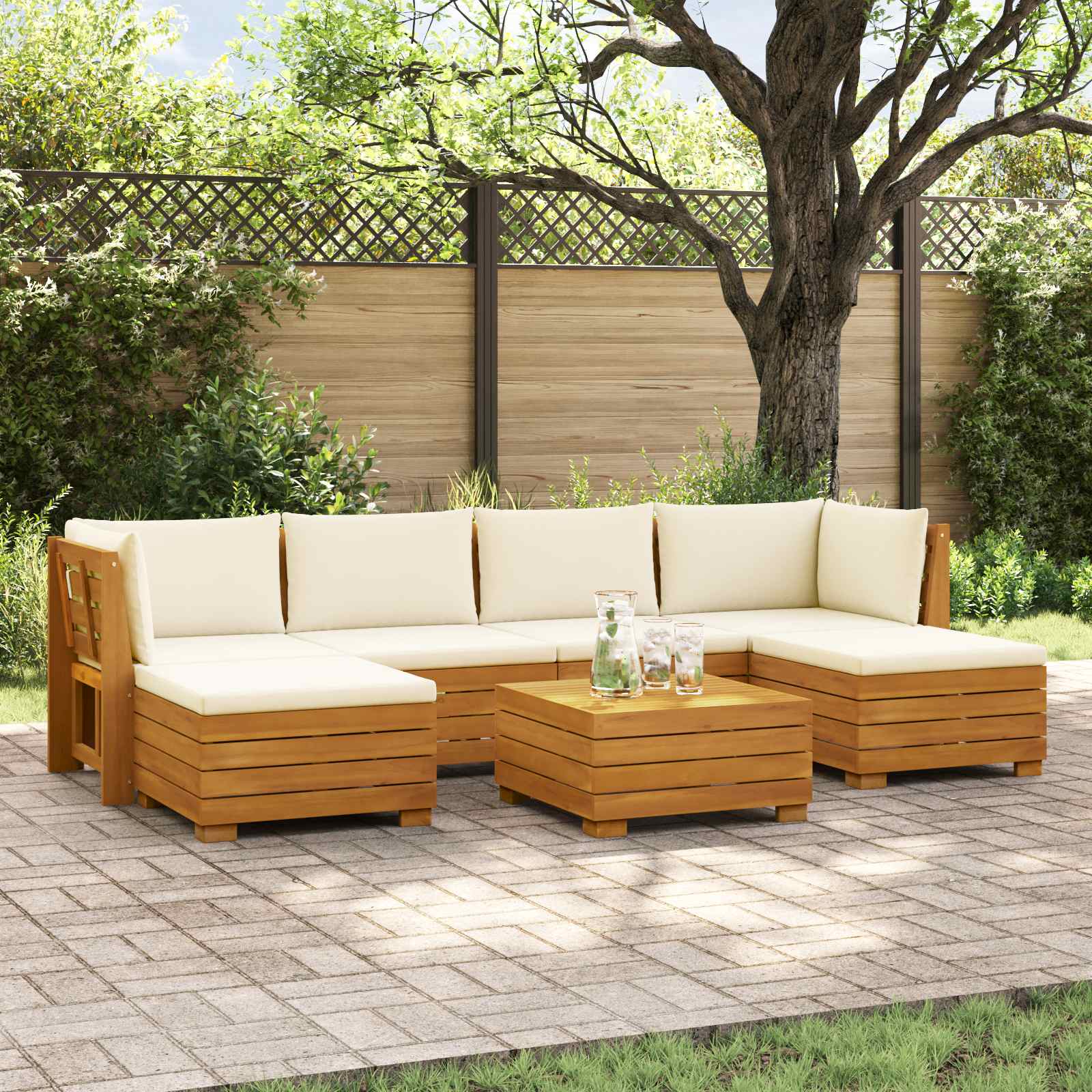 Outdoor-Sofagarnitur mit Kissen 7 Stück Braun Massivholz Akazie