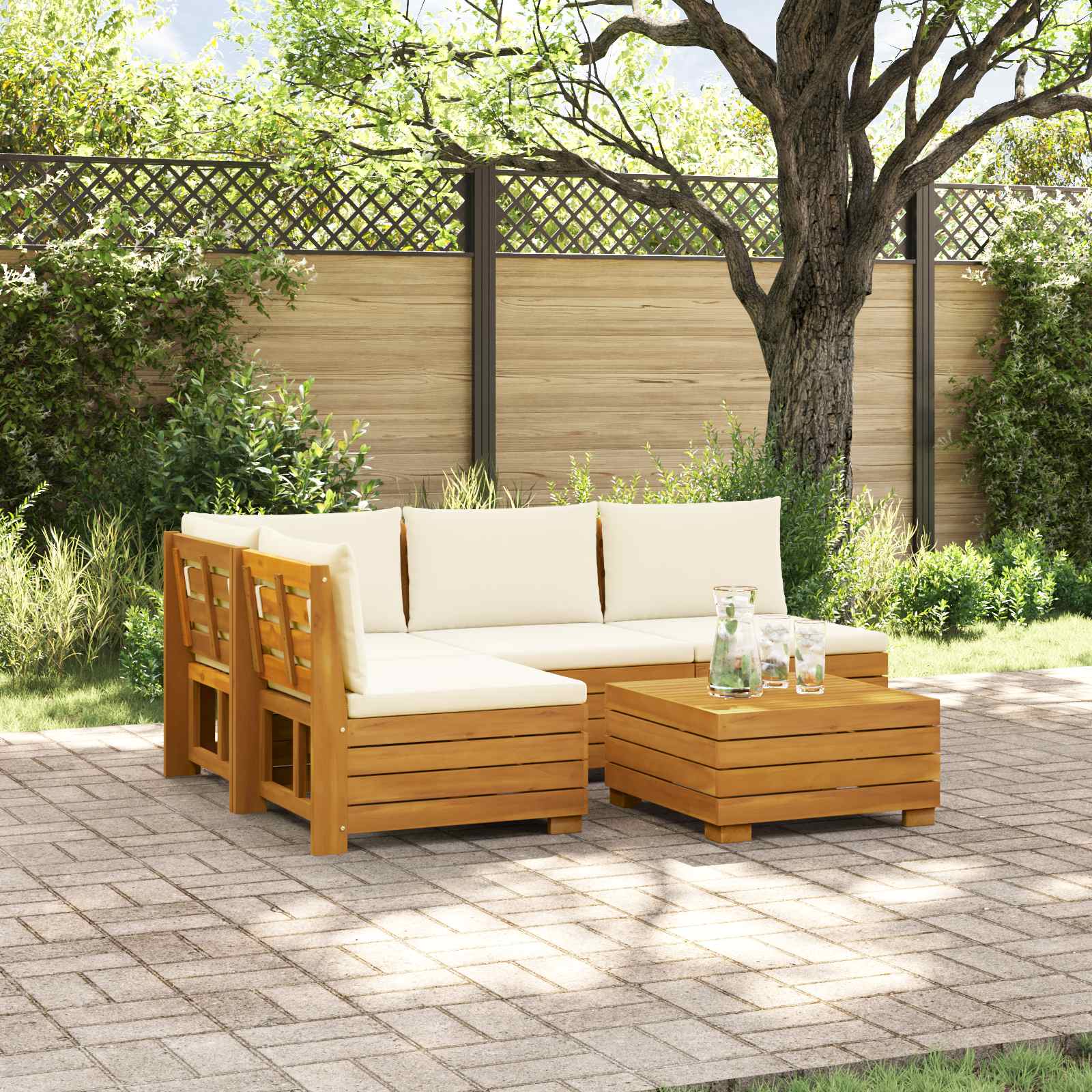Outdoor-Sofagarnitur mit Kissen 5 Stück Braun Massivholz Akazie