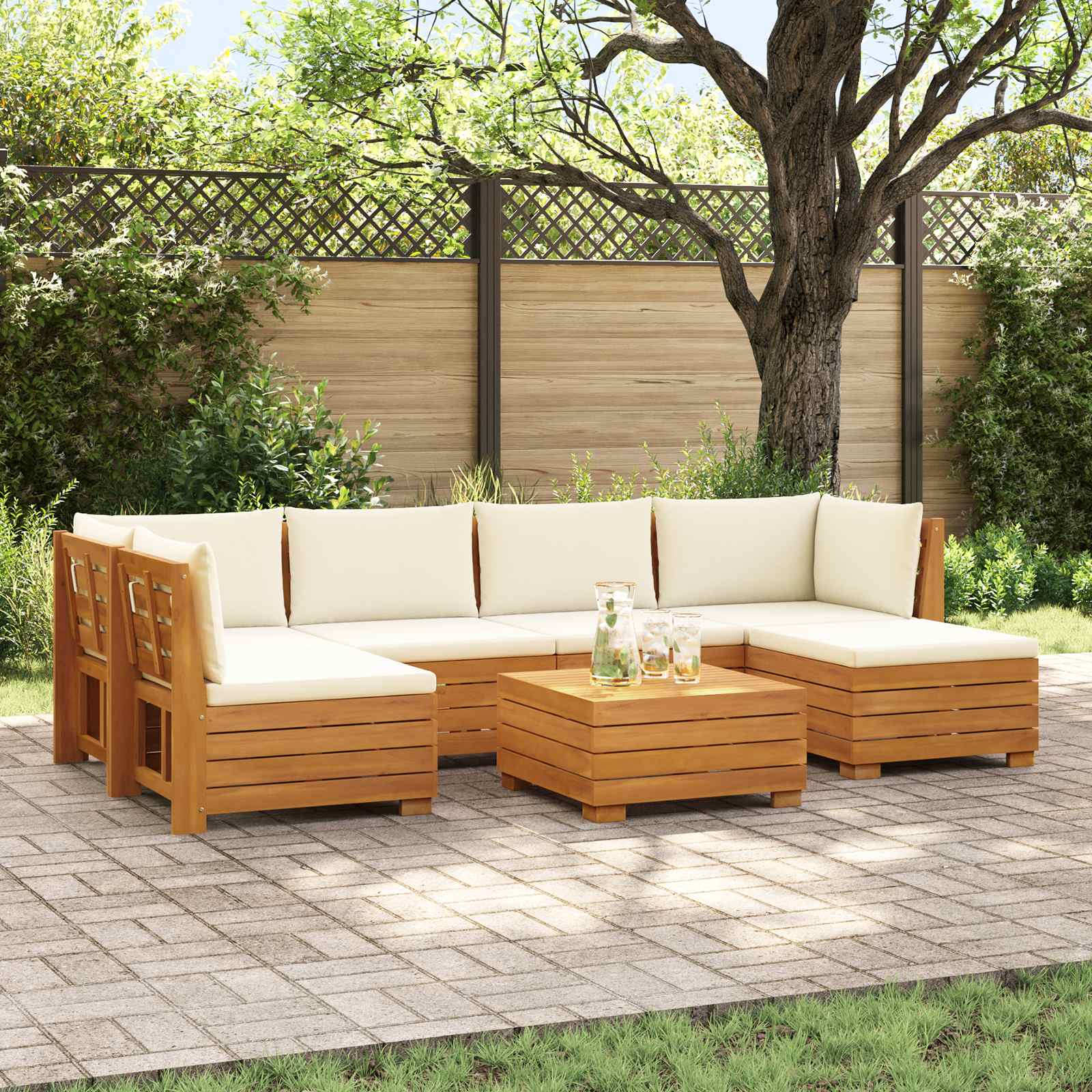 Outdoor-Sofagarnitur mit Kissen 7 Stück Braun Massivholz Akazie