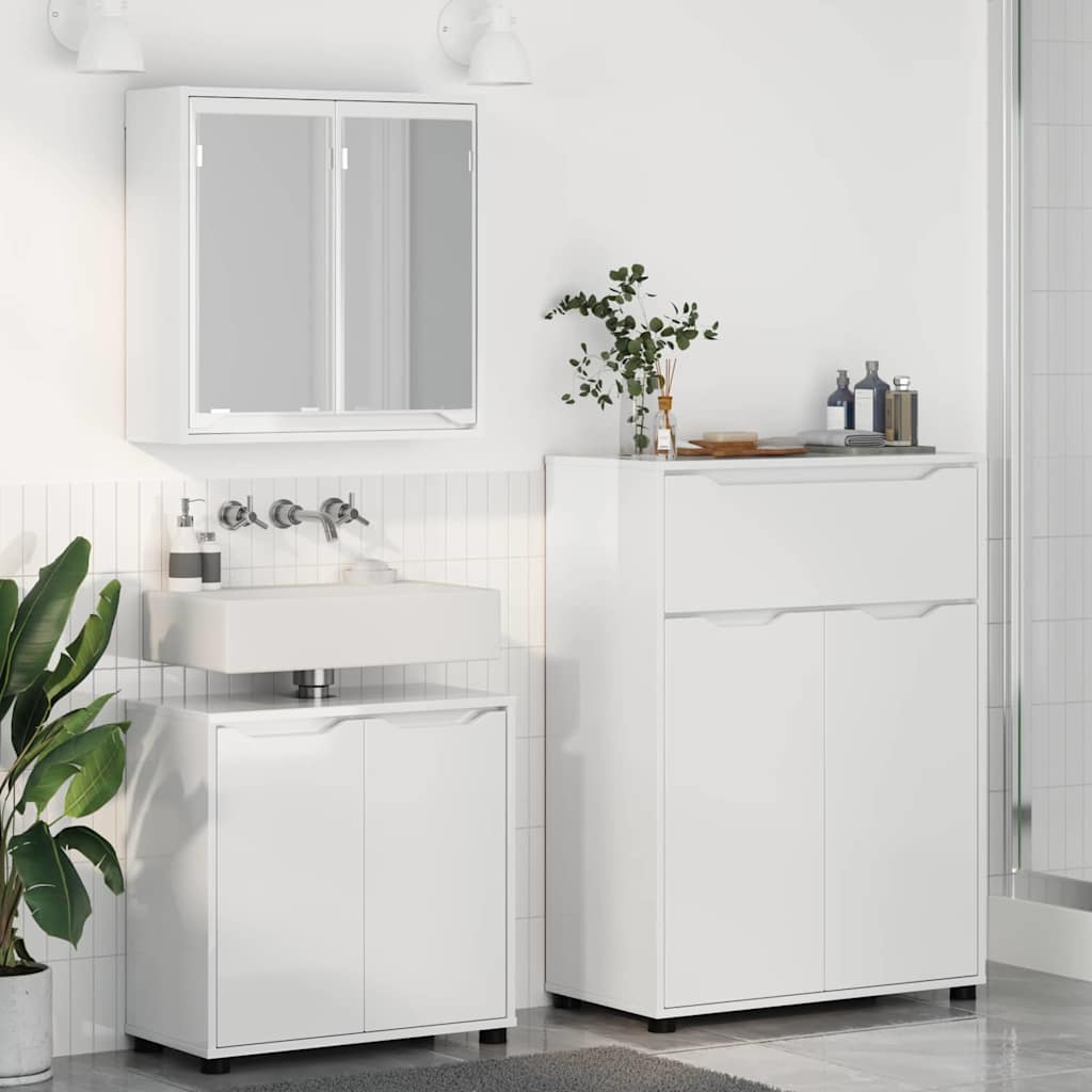 Badezimmermöbel-Set Mit Rad 3 pcs Hochglanz Weiß Holzwerkstoff