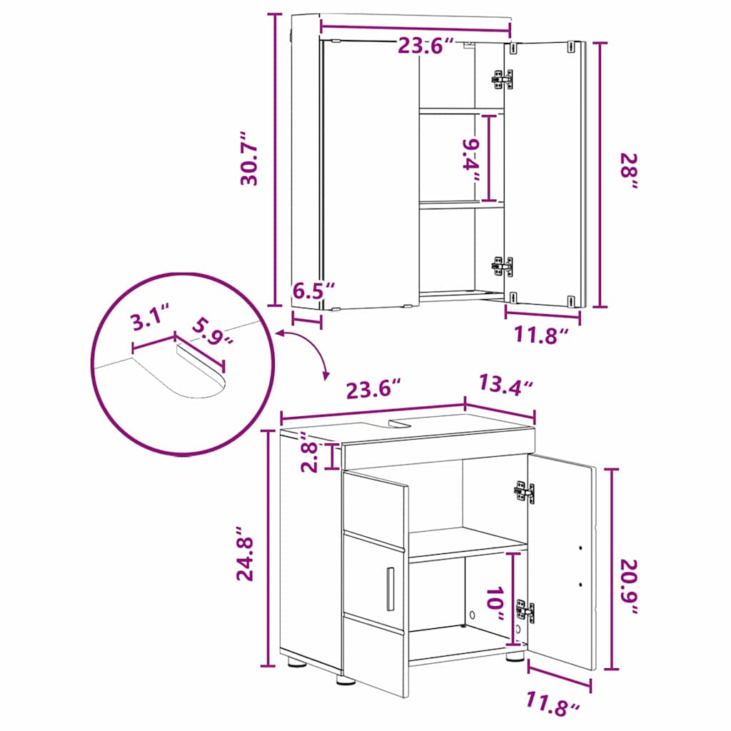 Badezimmermöbel-Set TULUM 3 pcs Beton Grau 60 x 34 x 63 cm