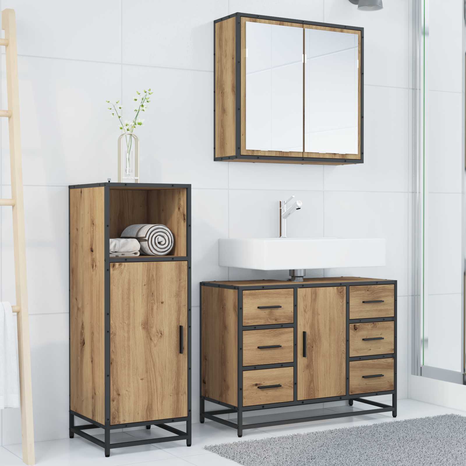 Badezimmermöbel-Set mit Regal 3 pcs Artisan-Eiche Holzwerkstoff