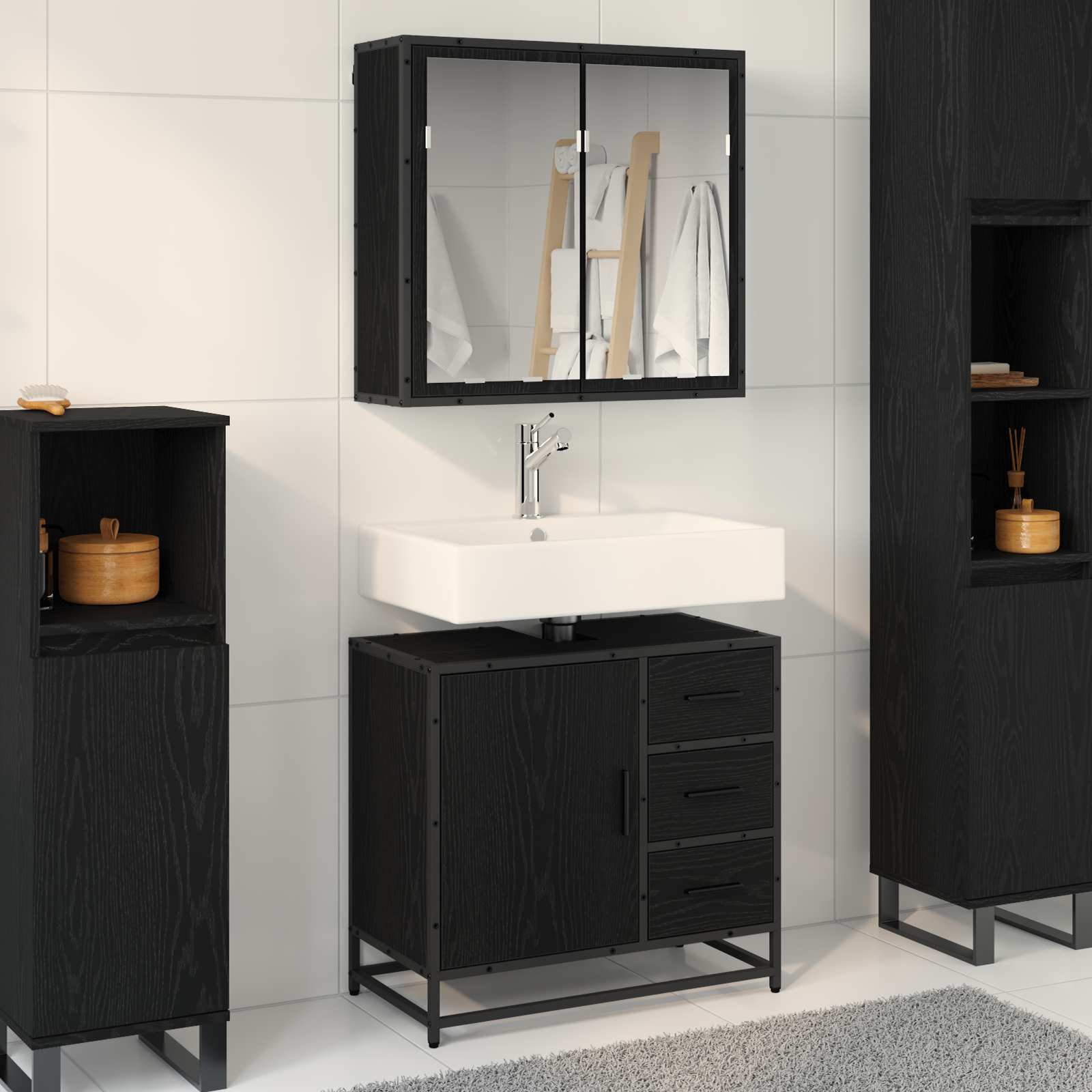 Badezimmermöbel Set 2 pcs Schwarz Eichen-Optik Holzwerkstoff