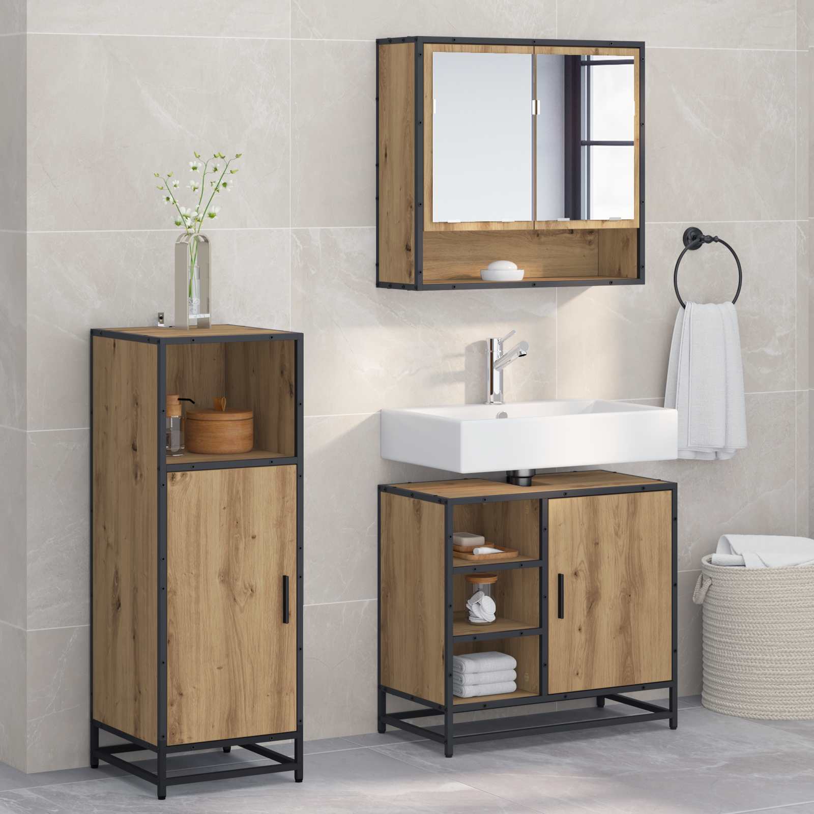 Badezimmermöbel-Set mit Regal 3 pcs Artisan-Eiche Holzwerkstoff