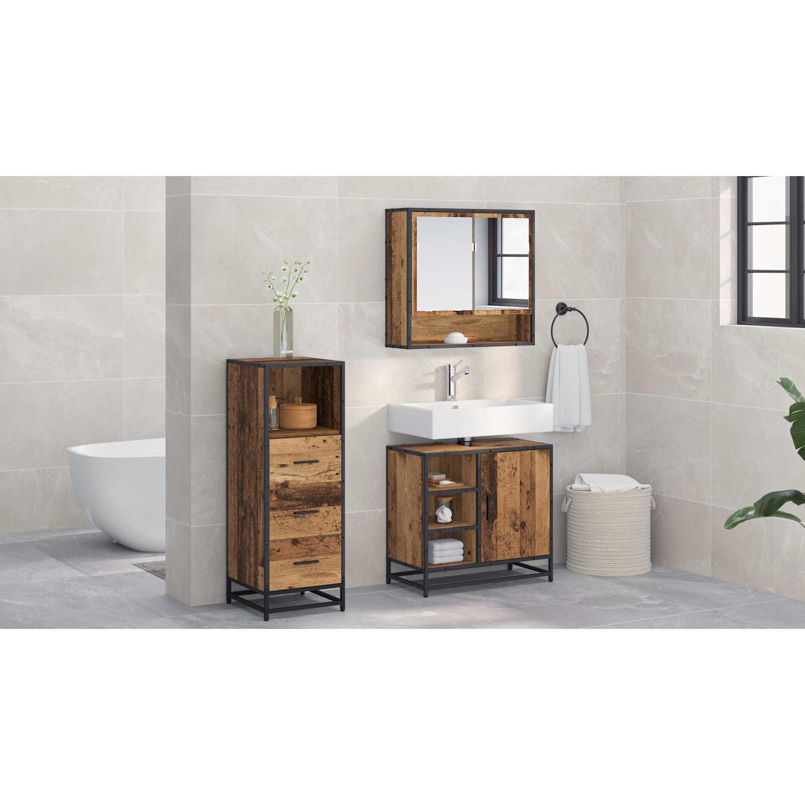 Badezimmermöbel-Set mit Schubladen 3 pcs Altholz Holzwerkstoff