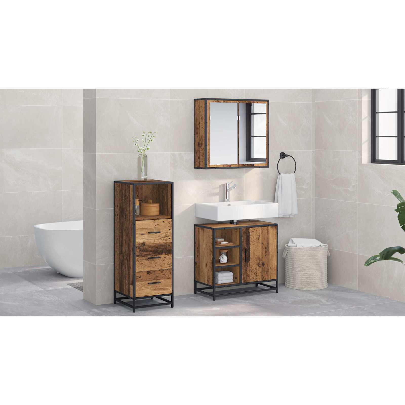 Badezimmermöbel-Set mit Schubladen 3 pcs Altholz Holzwerkstoff